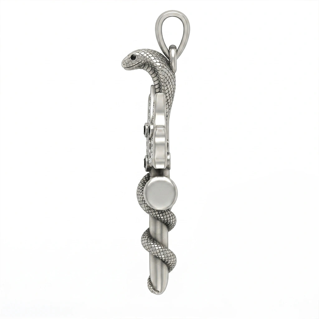 Spiritual Trident and Cobra Serpent Motif Pendant with Black Diamond Finish Moissanite in 925 Silver