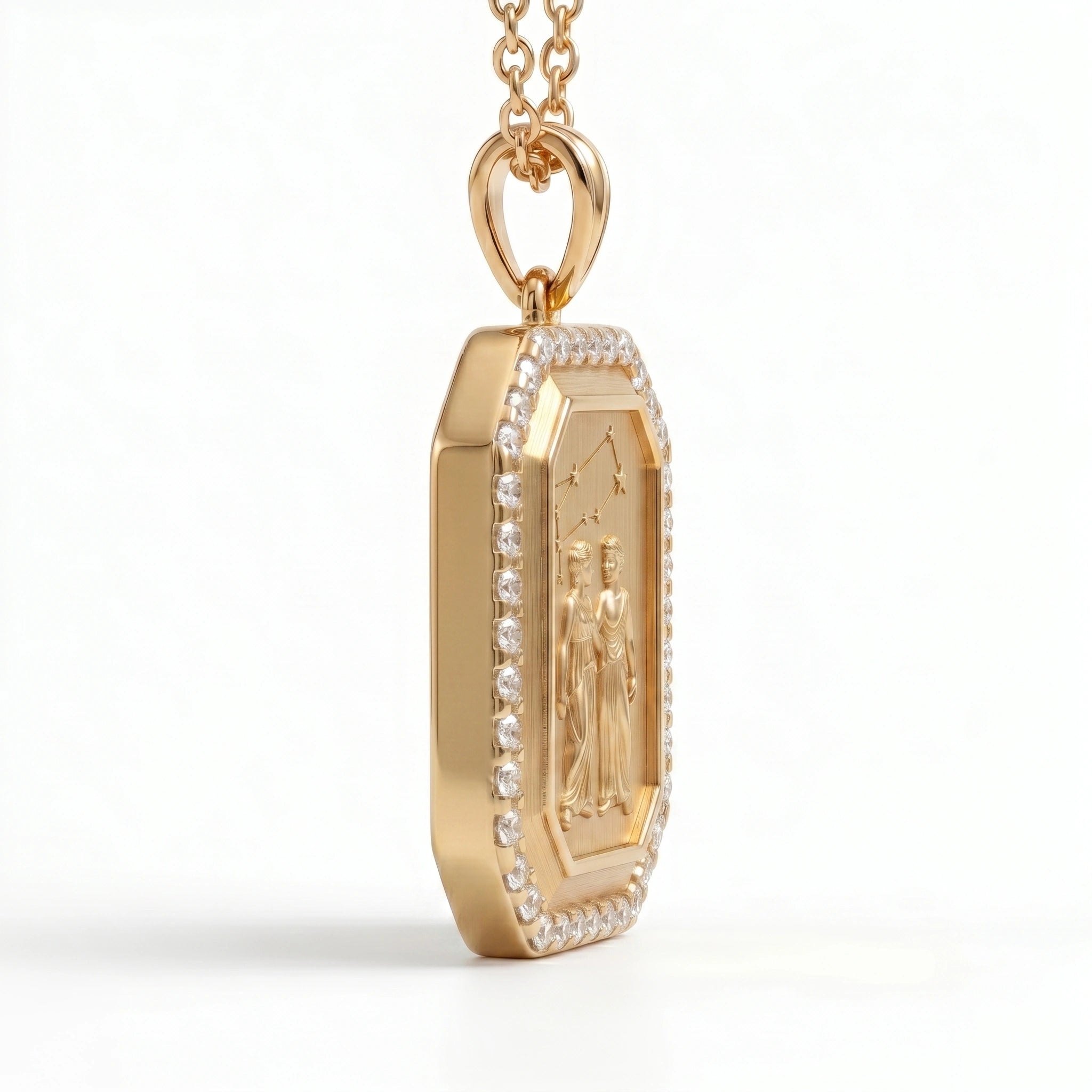 Vintage-Style Gemini Zodiac Constellation Diamond Finish Moissanite Halo Pendant in Gold-Plated