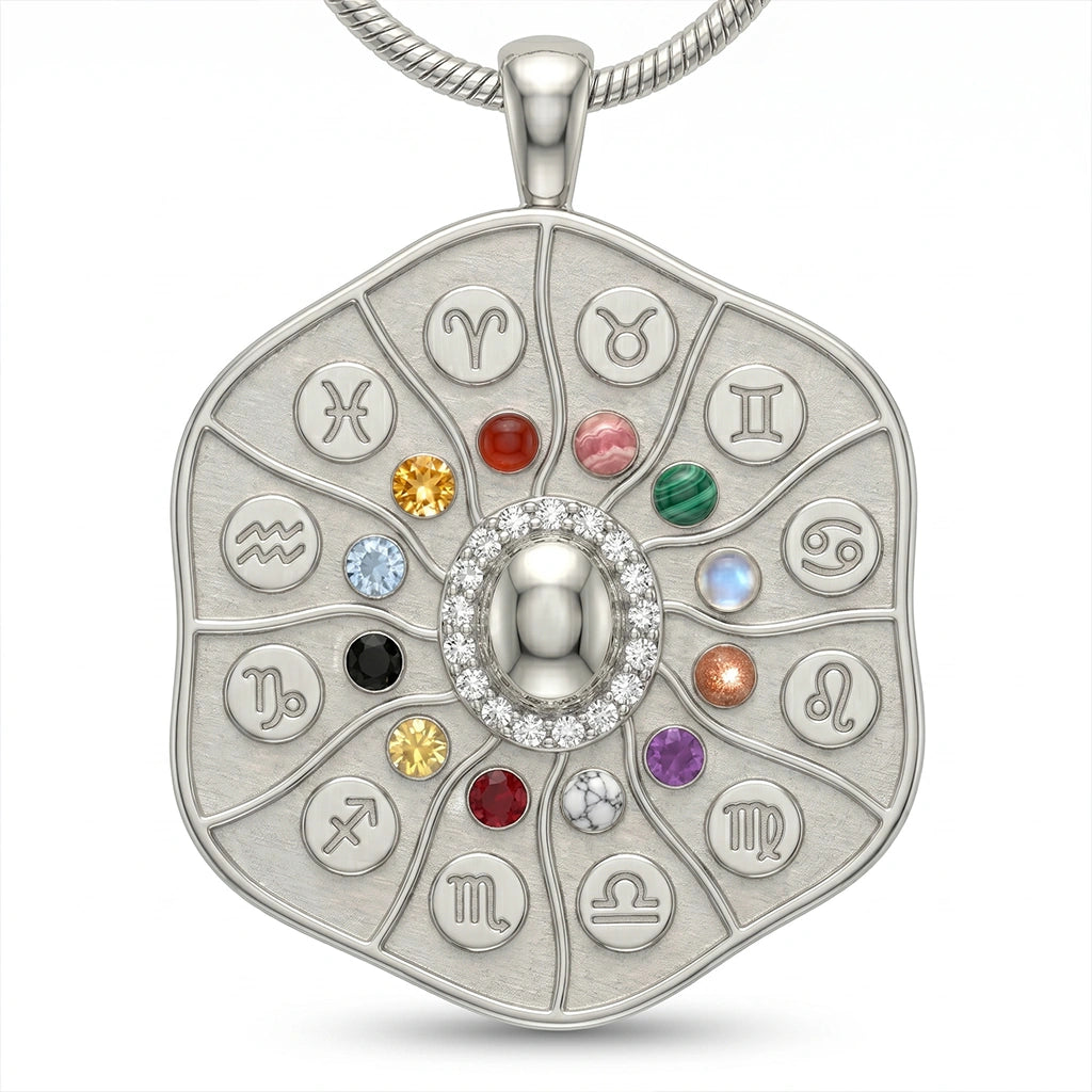 Astrological 12-Zodiac Wheel Medallion Pendant with Multi-Color Crystals in 925 Silver