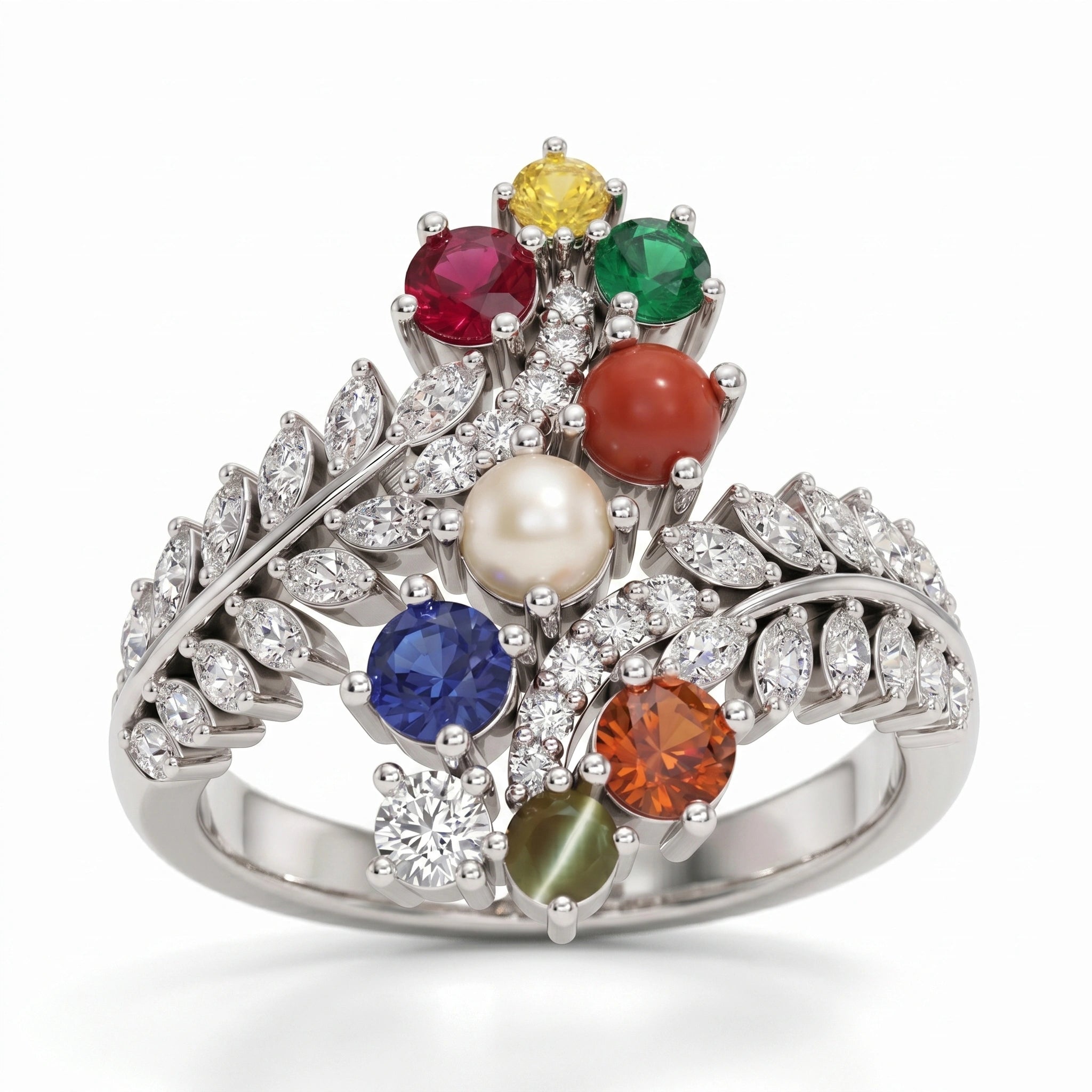 Multicolor Floral Cluster Silver Ring