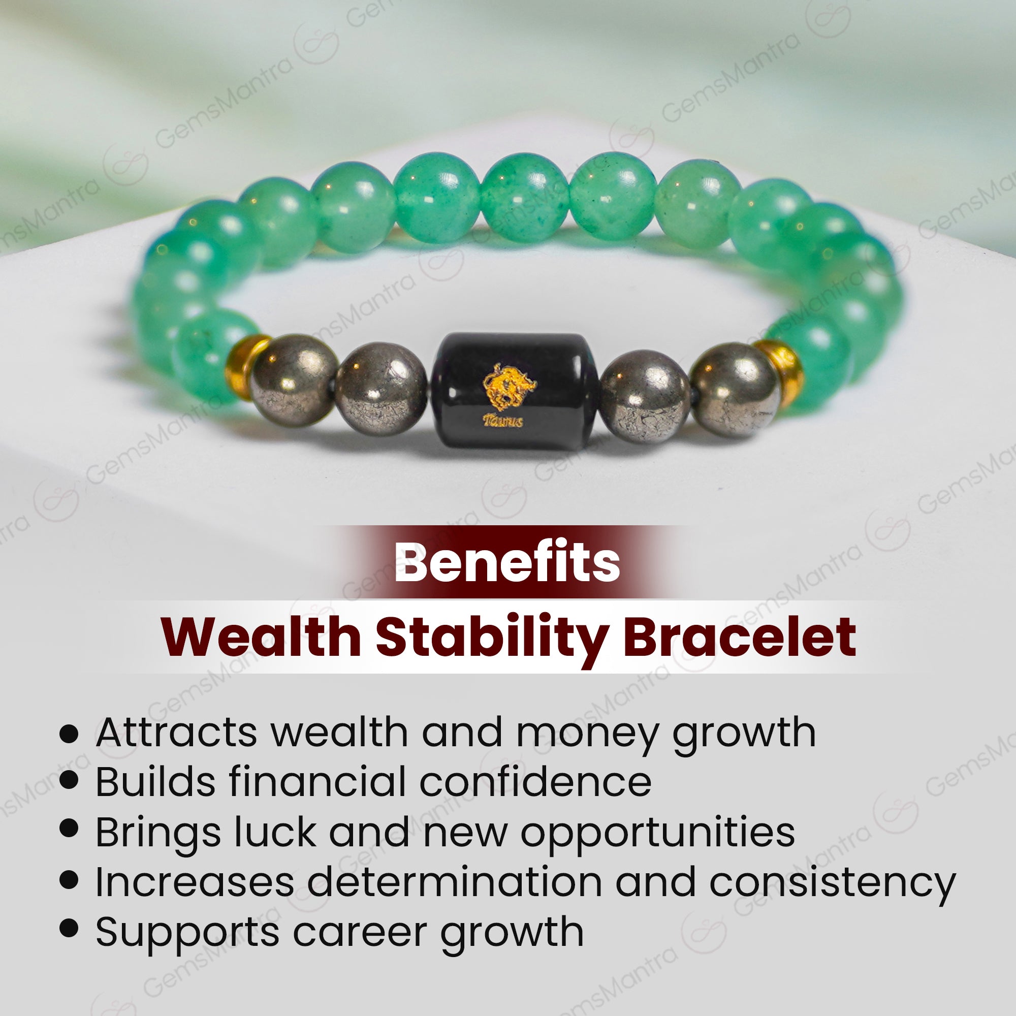 Taurus Zodiac Vrishabh Rashi Bracelet with Green Aventurine and Pyrite