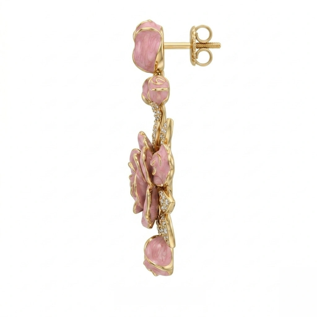 Nature-Inspired Pink Enamel Rose Floral Drop Earrings with Diamond Finish Moissanite in Gold-Plated
