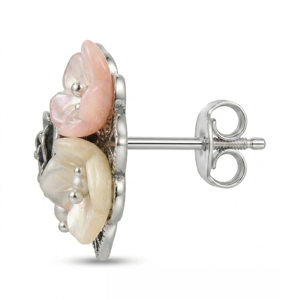 Vintage-Inspired Sculpted Floral and Cultured Pearl Cluster Stud Earrings in 925 Silver
