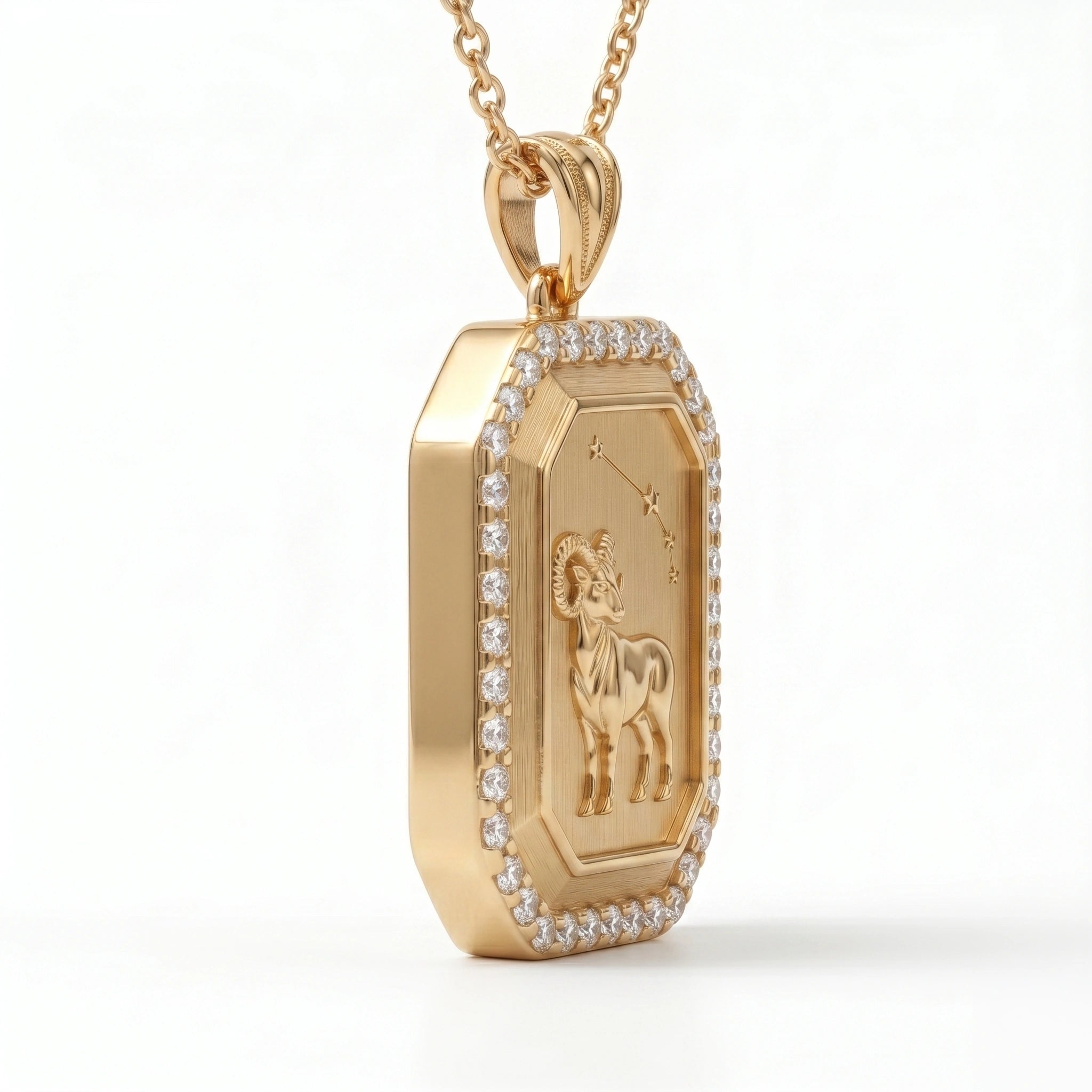 Vintage-Style Aries Zodiac Constellation Diamond Finish Moissanite Halo Pendant in Gold-Plated