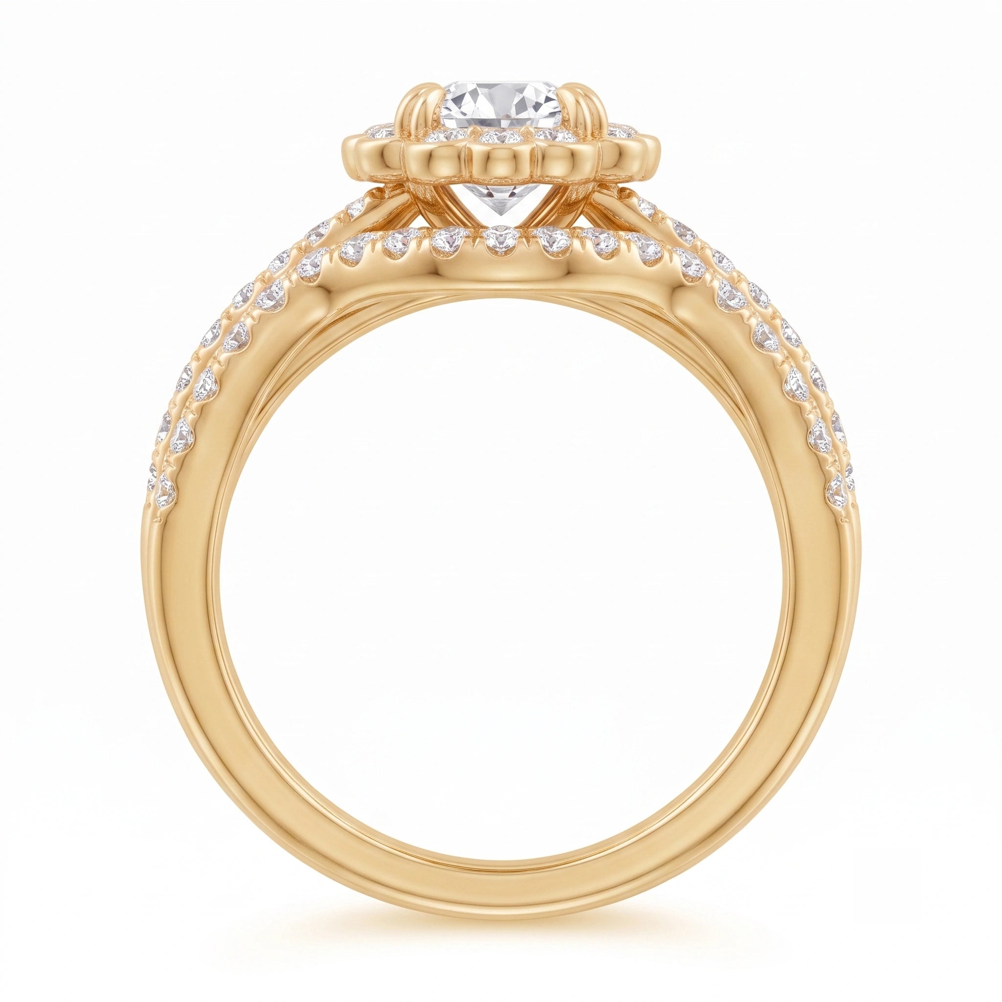 Round Celestial Floral Diamond Scalloped Halo Bridal Ring Set