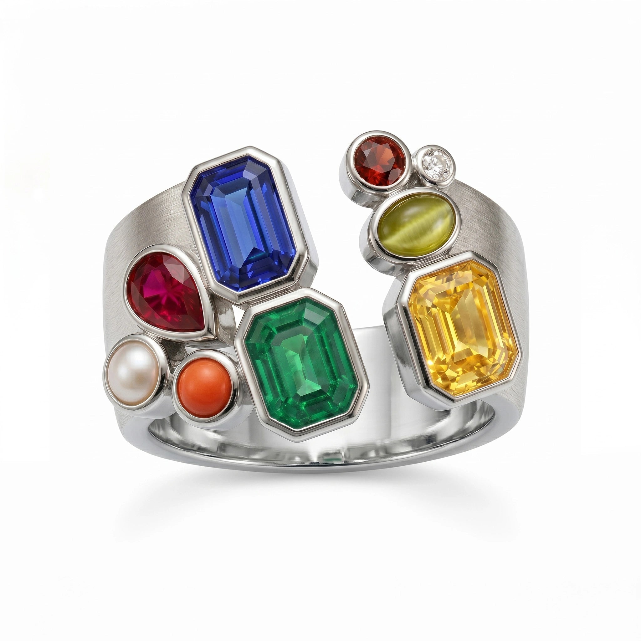 Navratna Halo Silver Ring