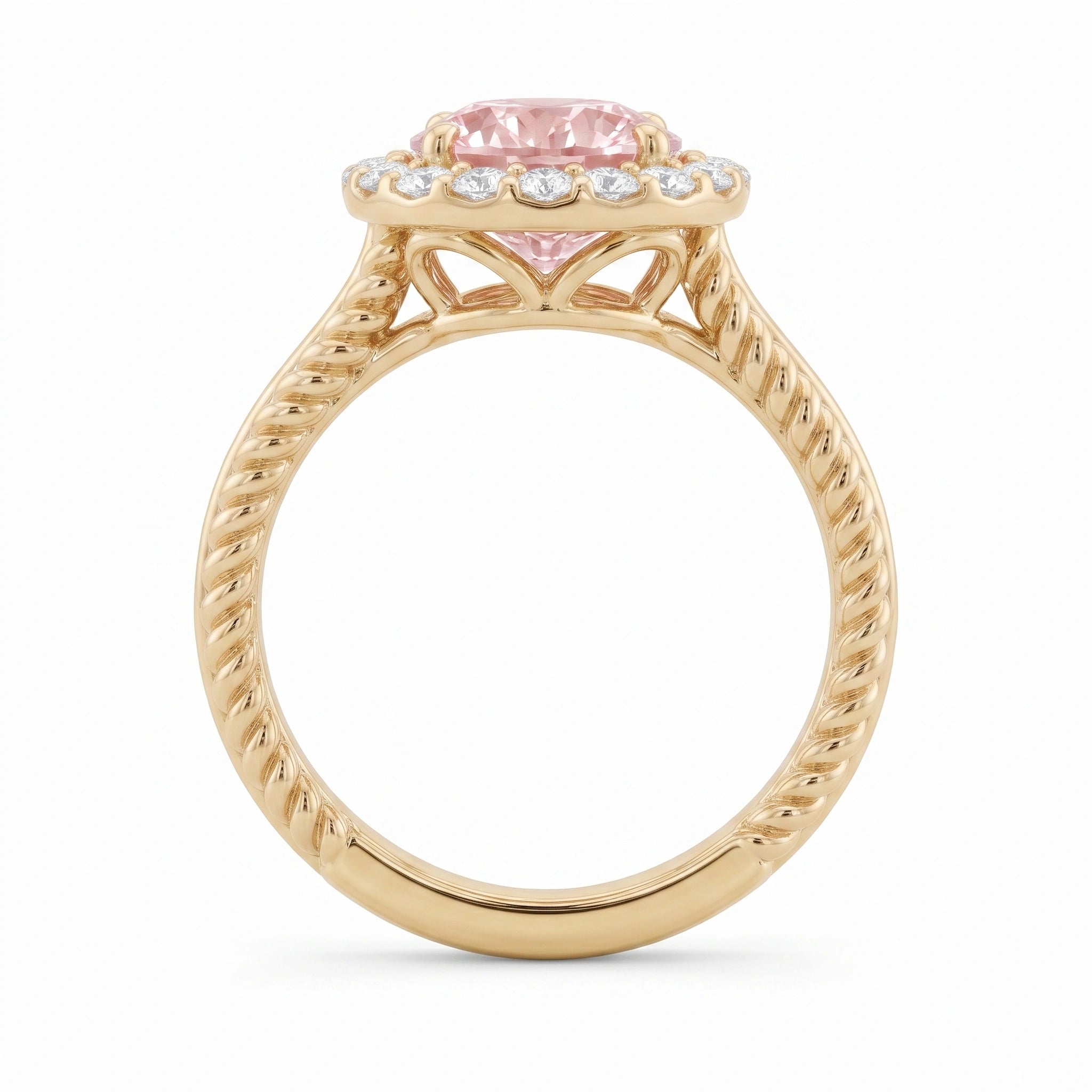 Round Blush Pink Diamond Rope Band Halo Engagement Ring