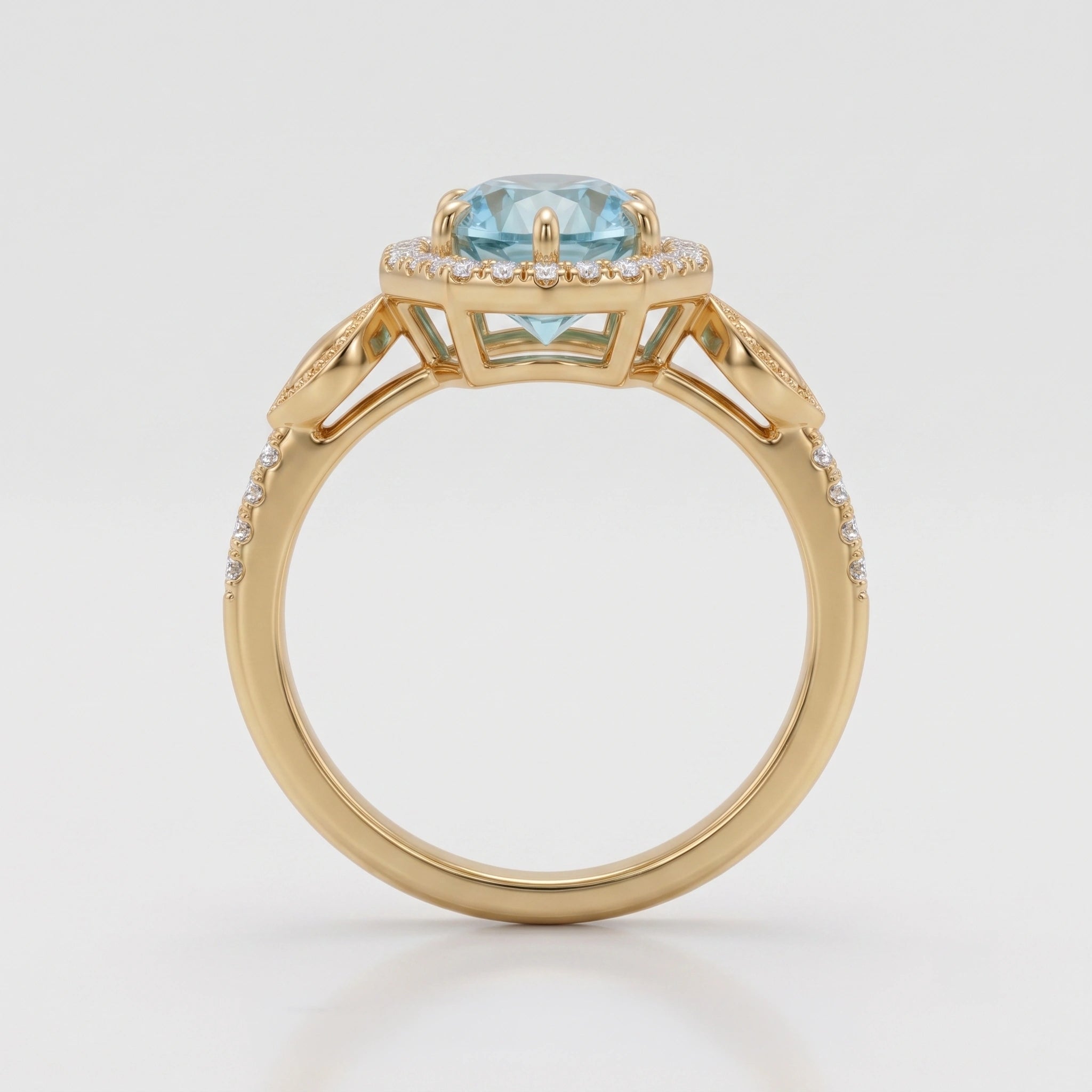Oval Seafoam Aquamarine Geometric Hexagonal Halo Ring