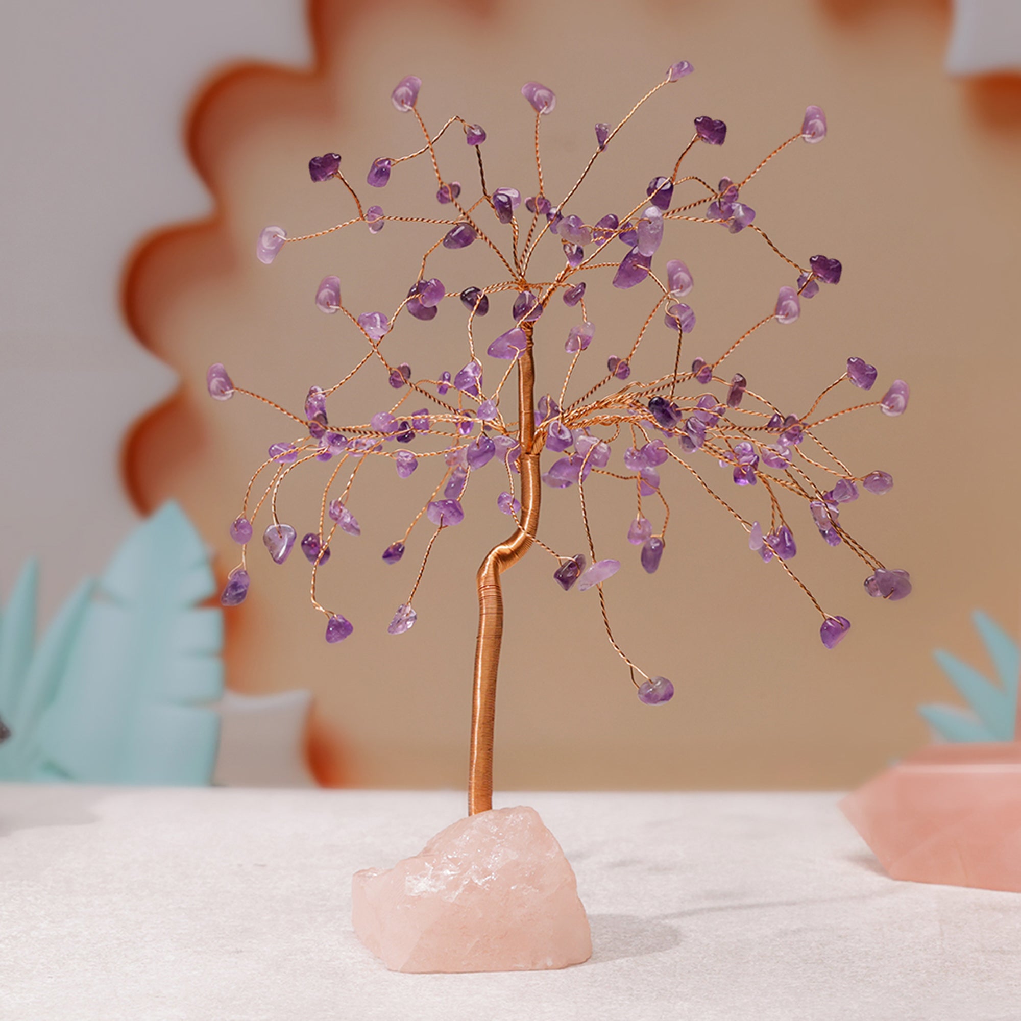 Amethyst Crystal Tree with Raw Rose Quartz – Large, for Vastu