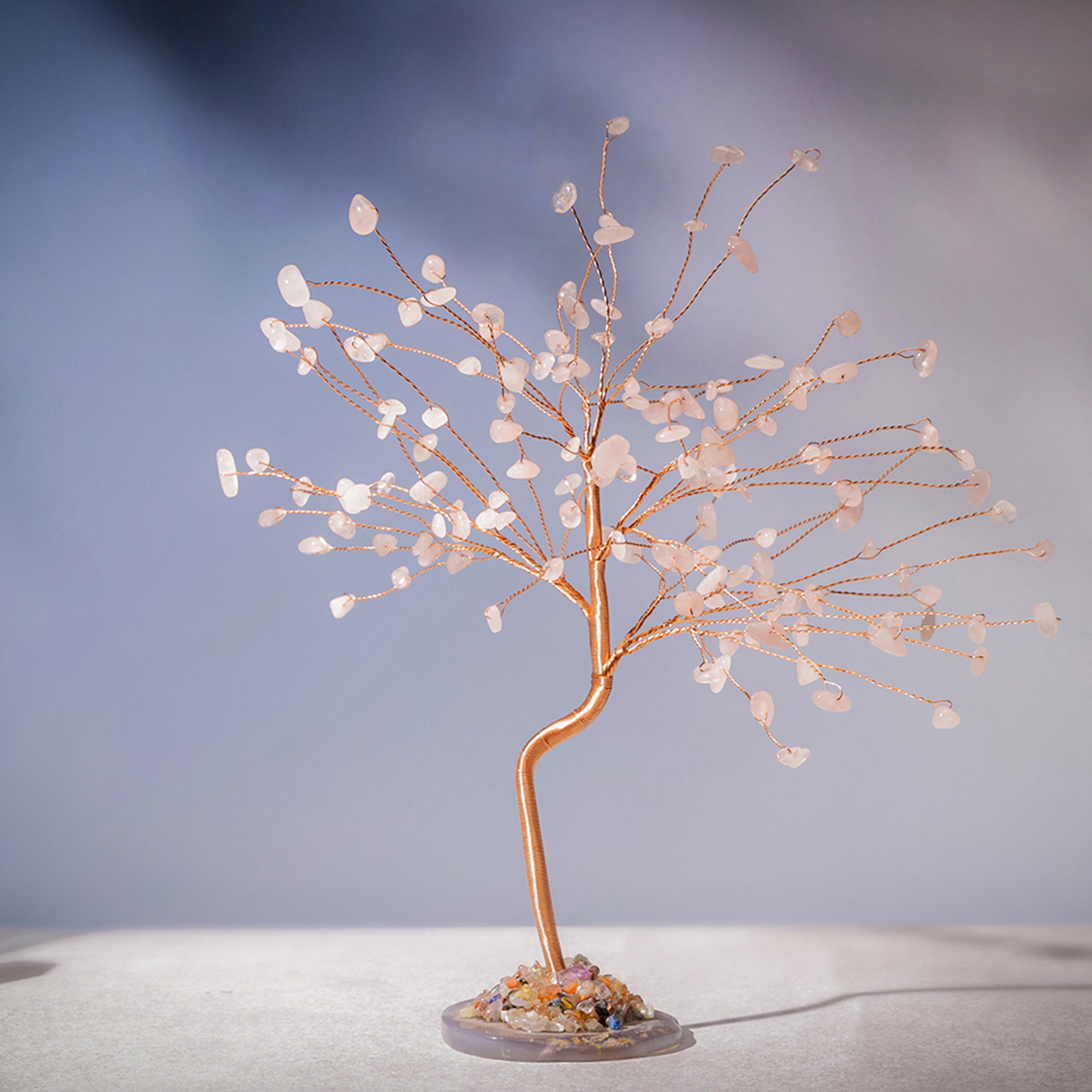 Rose Quartz Crystal Tree with Agate Plate – Large, for Vastu