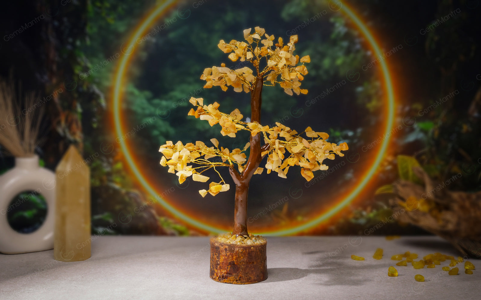 Wooden Golden Quartz Crystal Tree