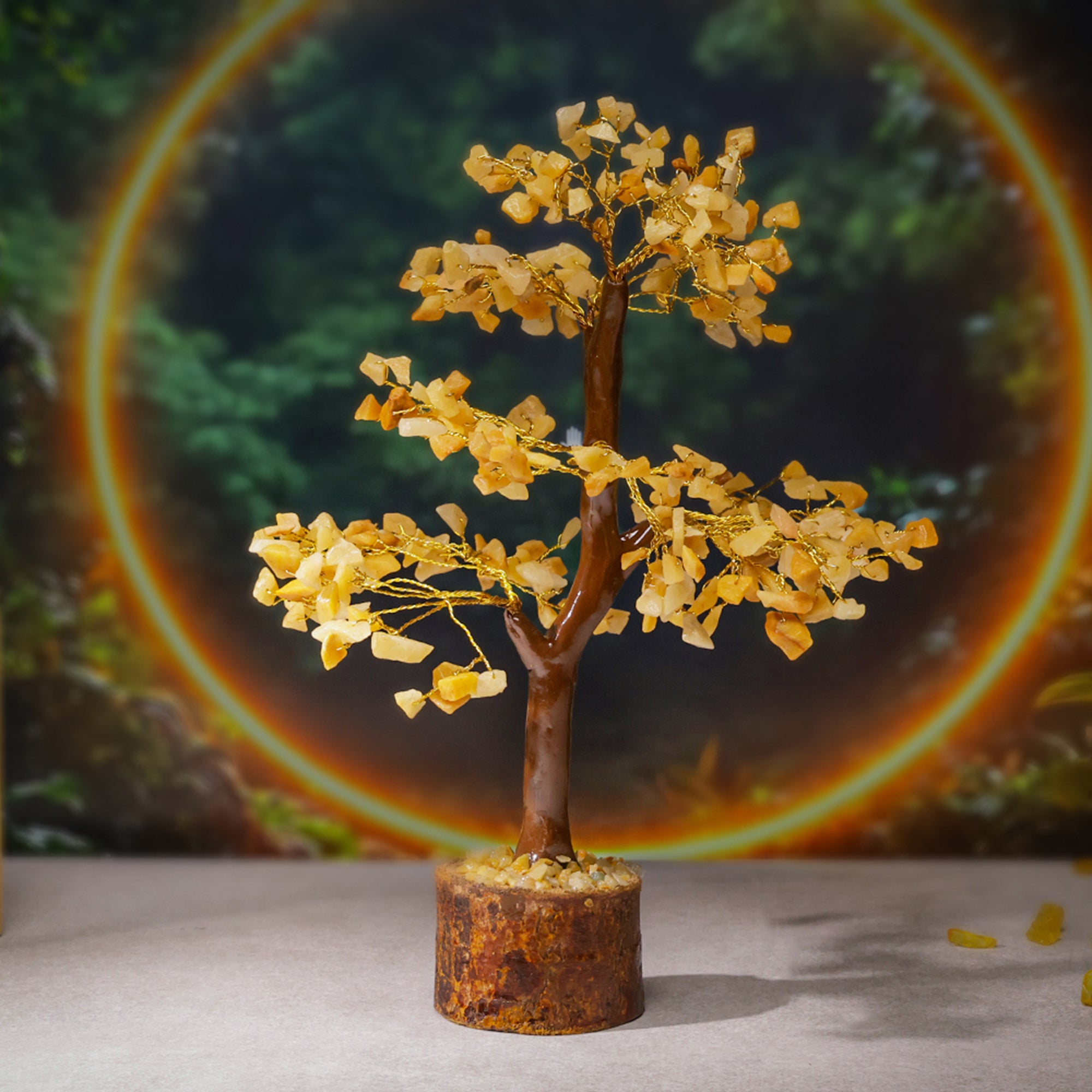Golden Quartz Crystal Tree – Wooden Base, for Vastu