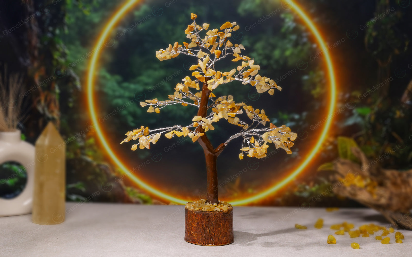 Wooden Golden Quartz Crystal Tree