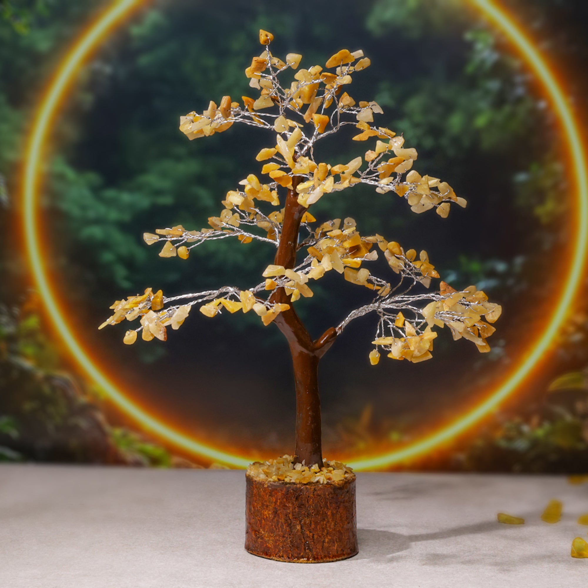 Golden Quartz Crystal Tree – Wooden Base, for Vastu