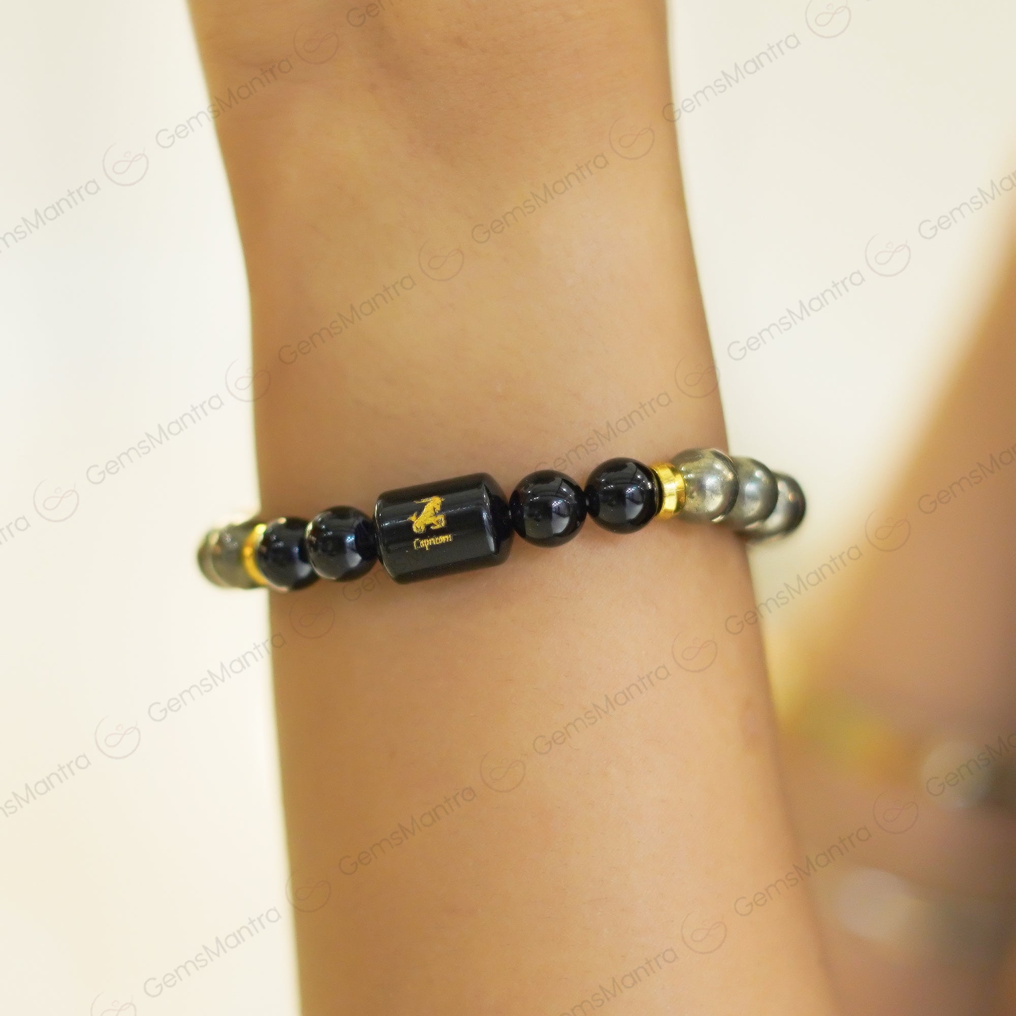 Capricorn Zodiac Makar Rashi Bracelet with Pyrite & Black Onyx