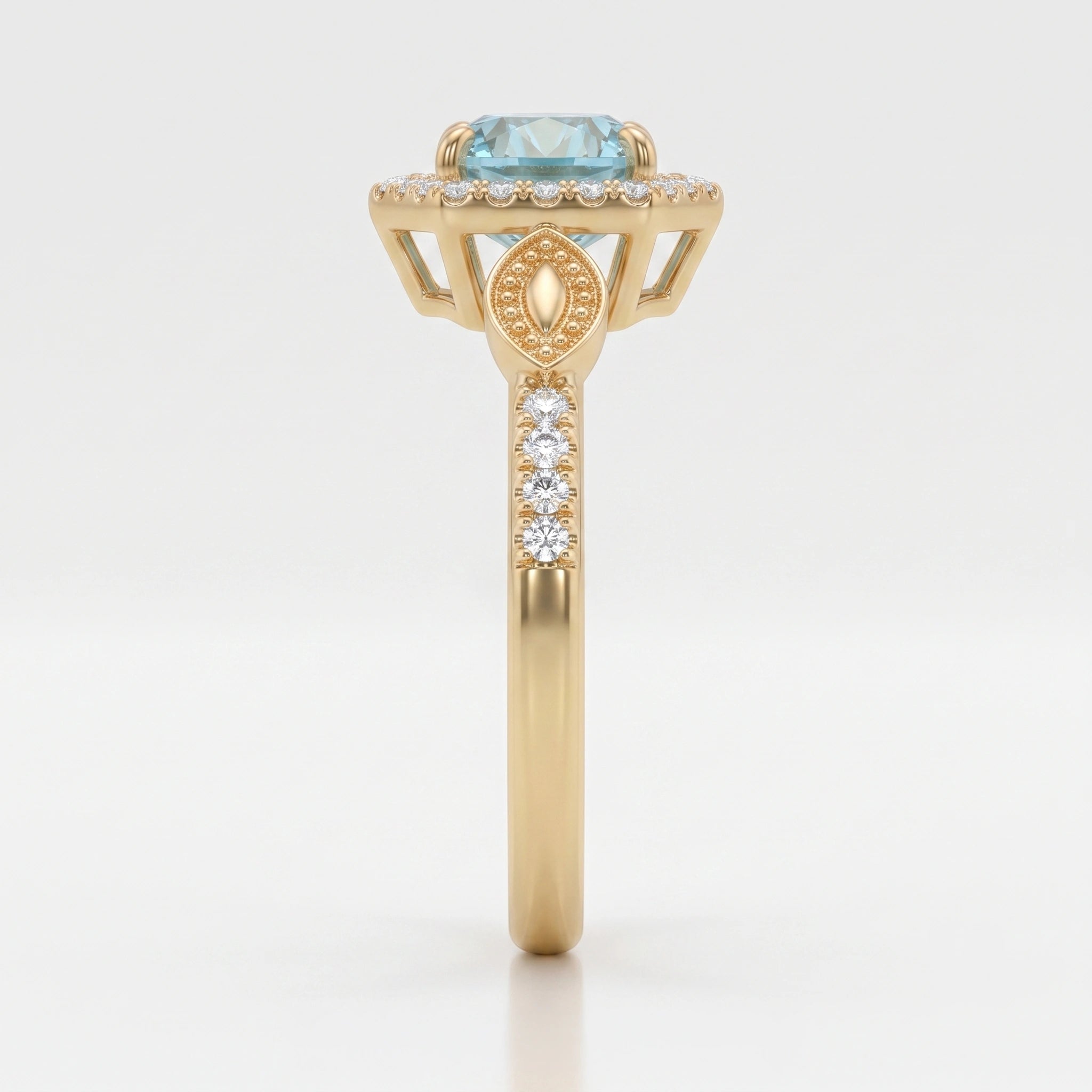 Oval Seafoam Aquamarine Geometric Hexagonal Halo Ring