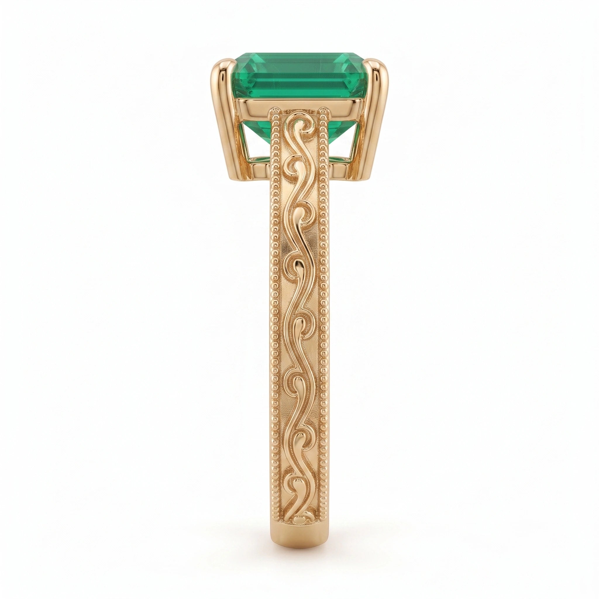Emerald Cut Zambian Emerald Vintage Scroll Solitaire Ring
