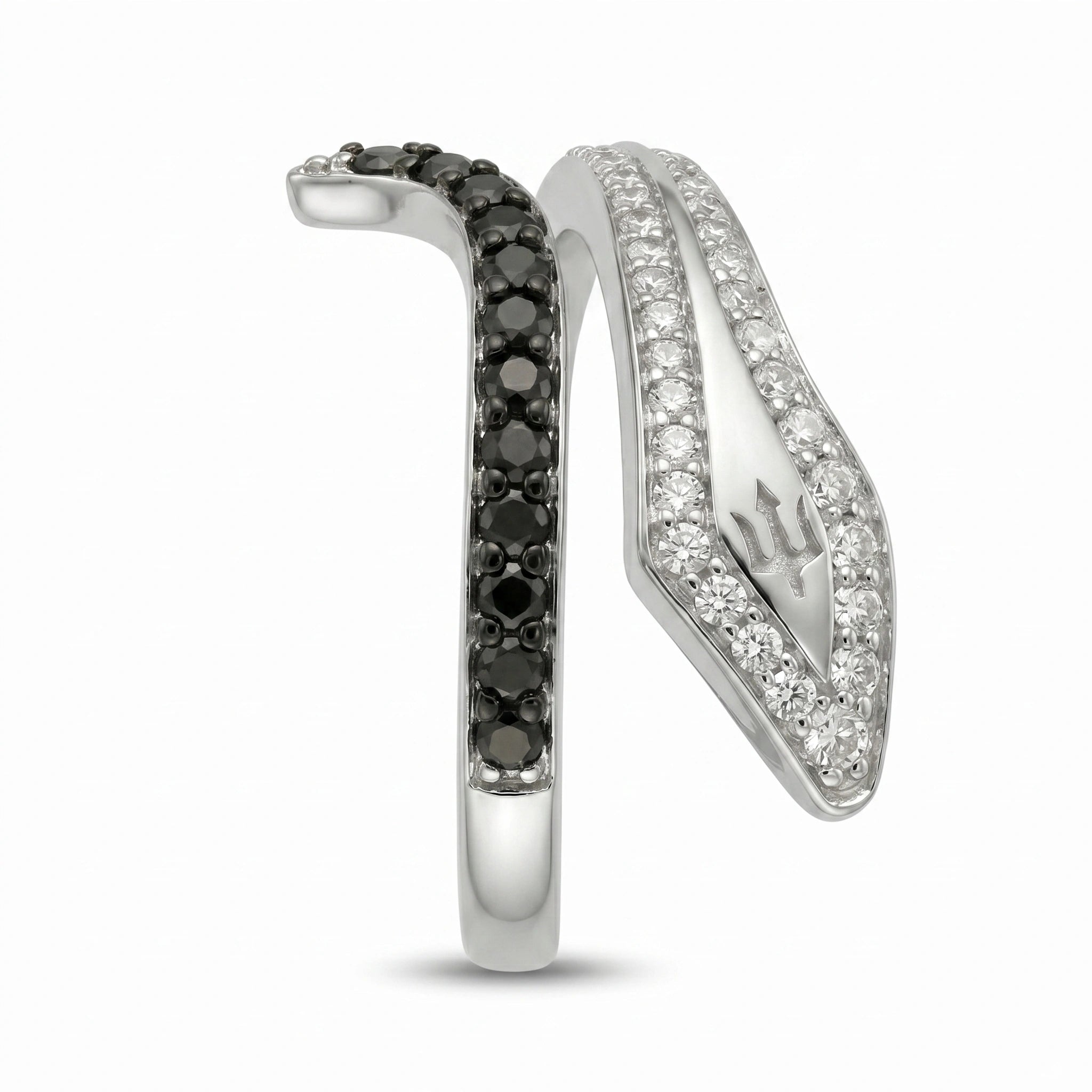 Trident and Serpent Motif Crystal White Diamond Finish Moissanite Bypass Ring in 925 Silver
