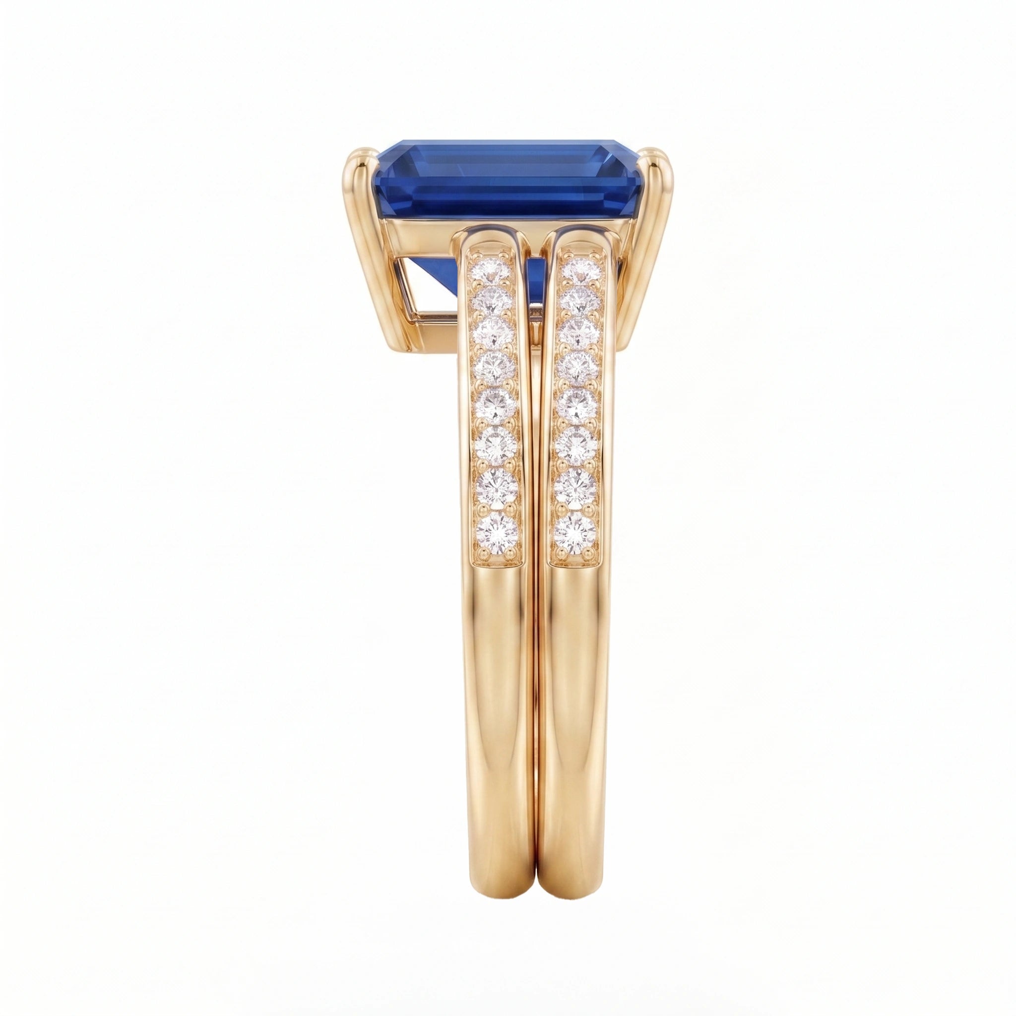 Classic Emerald-Cut Deep Blue Corundum Multiline Ring
