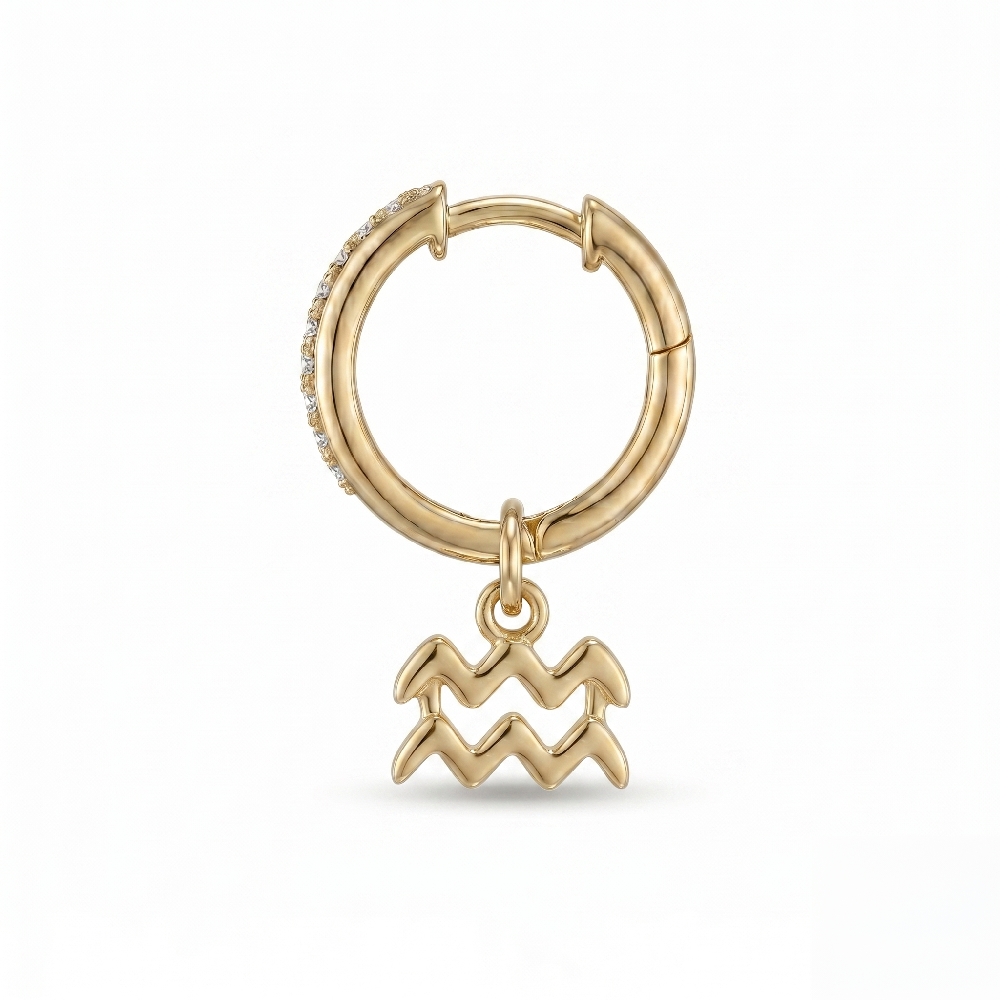 Diamond Finish Moissanite Pavé Hoop Earrings with Aquarius Zodiac Drop (Gold-Plated)
