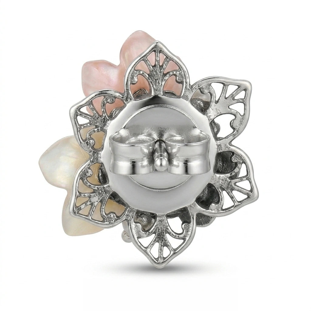 Vintage-Inspired Sculpted Floral and Cultured Pearl Cluster Stud Earrings in 925 Silver