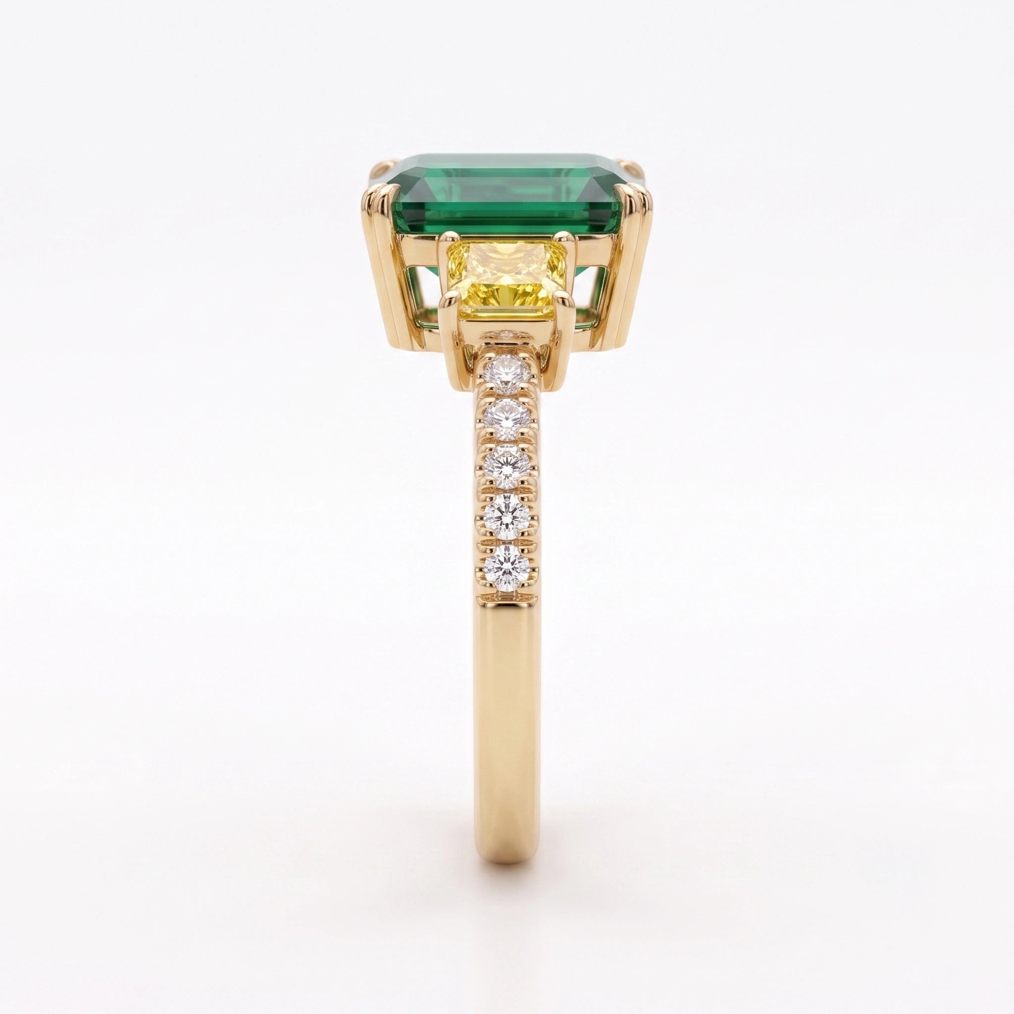 Asscher Cut Emerald Canary Diamond Three Stone Pavé Ring