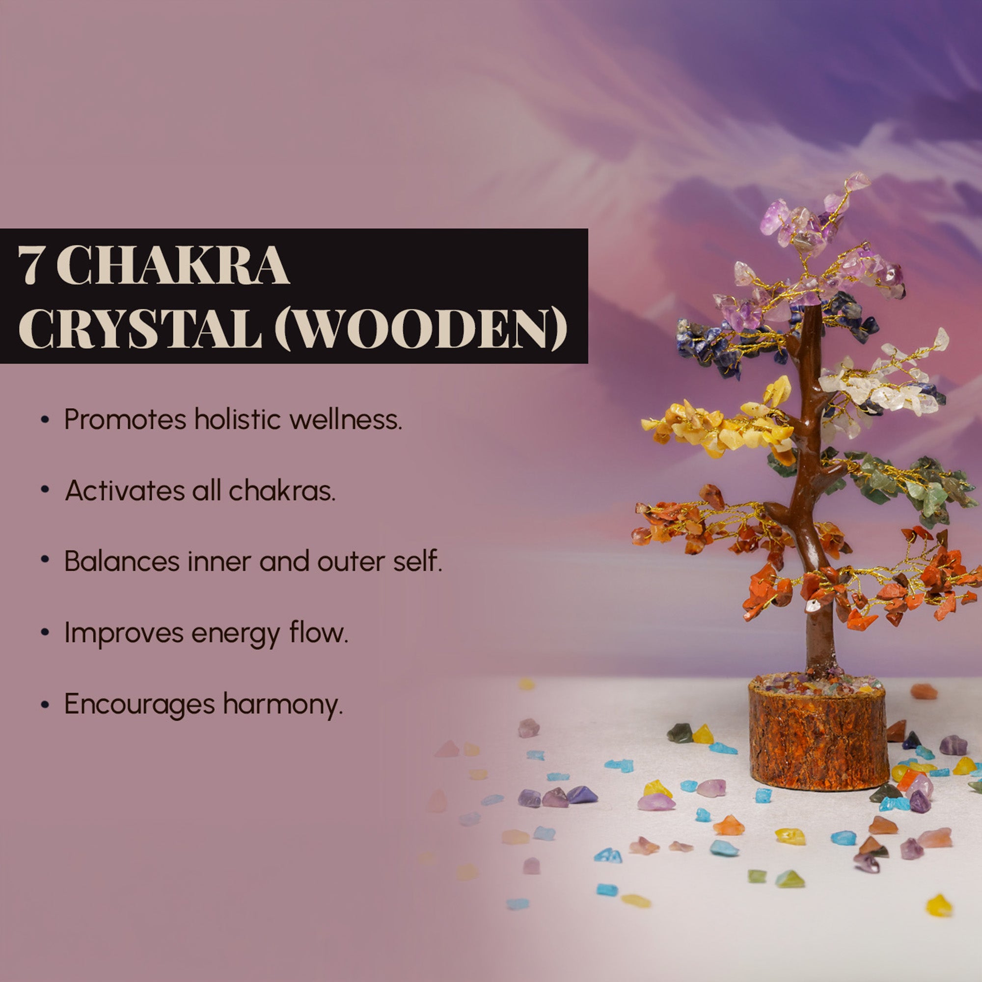 Seven Chakra Crystal Tree – Wooden Base, for Vastu