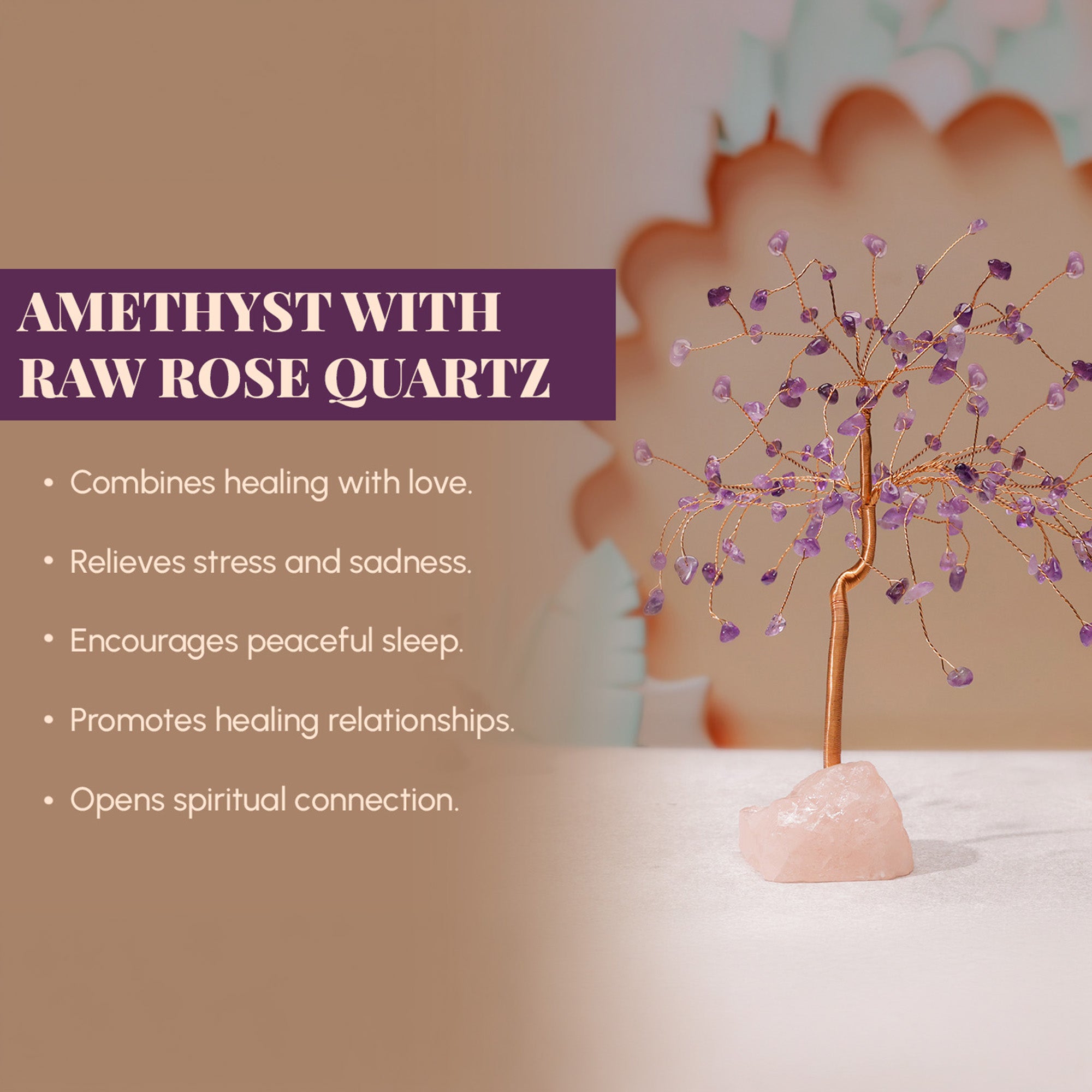 Amethyst Crystal Tree with Raw Rose Quartz – Large, for Vastu