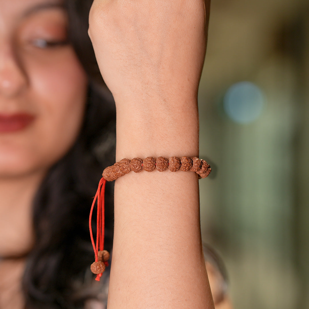 5 Mukhi Rudraksha Bracelet -Adjustable Red Thread