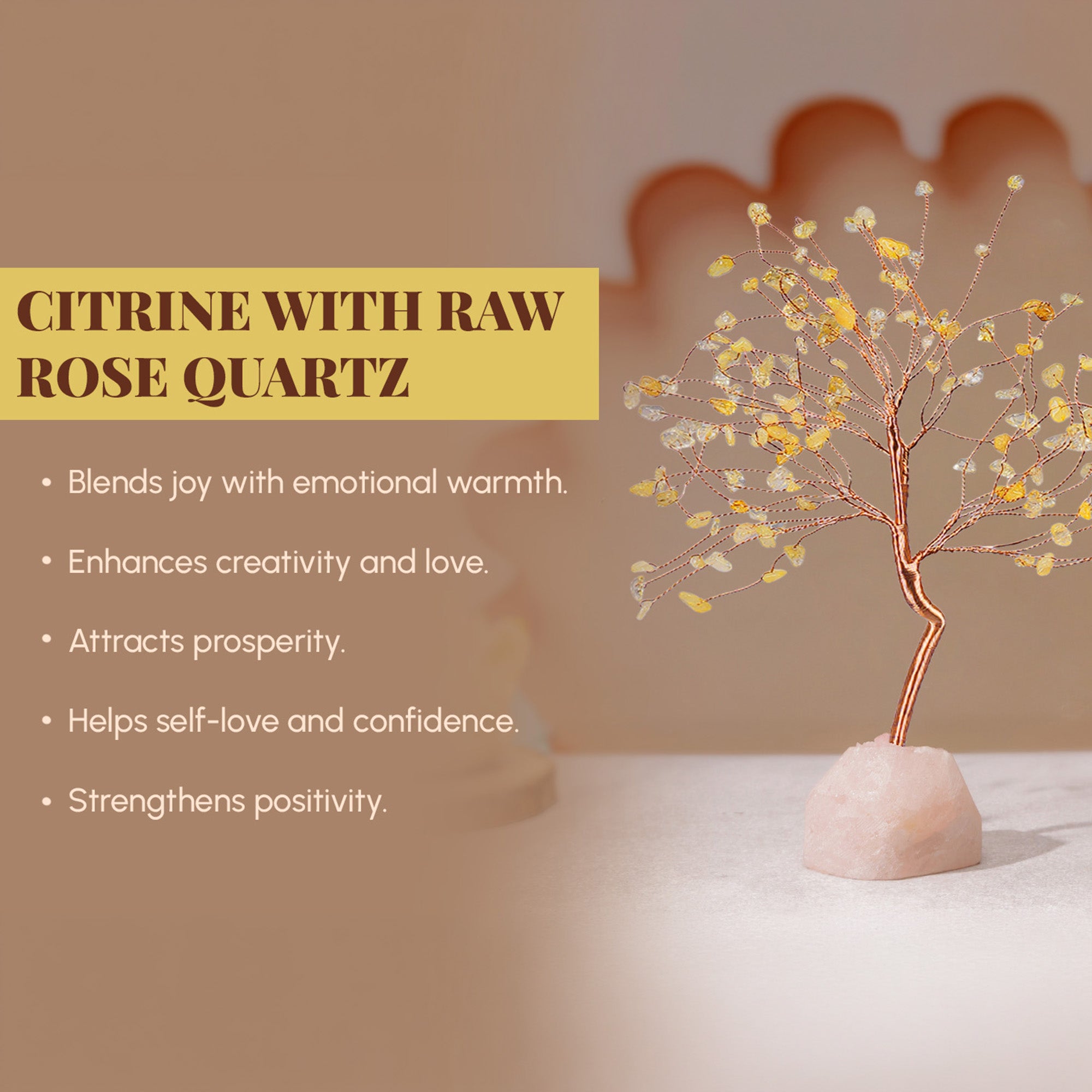 Citrine Crystal Tree with Raw Rose Quartz – Large, for Vastu