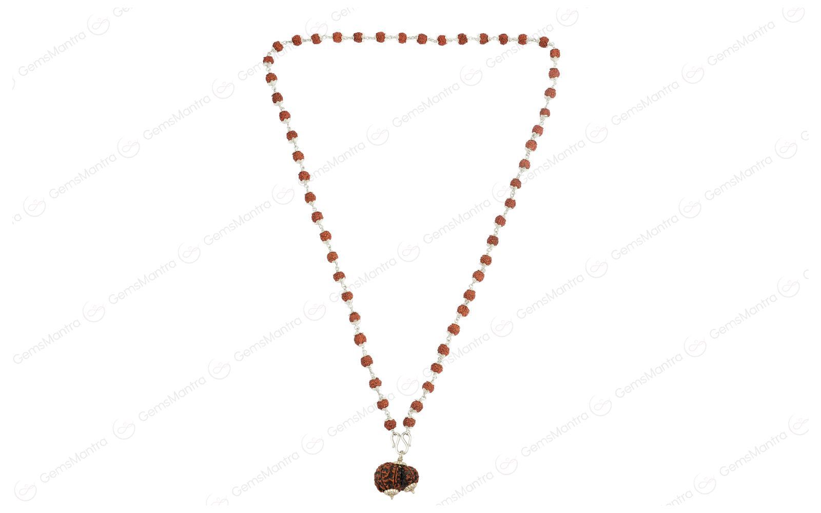 5 Mukhi Silver Rudraksha Mala - with Natural Garbh-Gauri Rudraksha Pendant