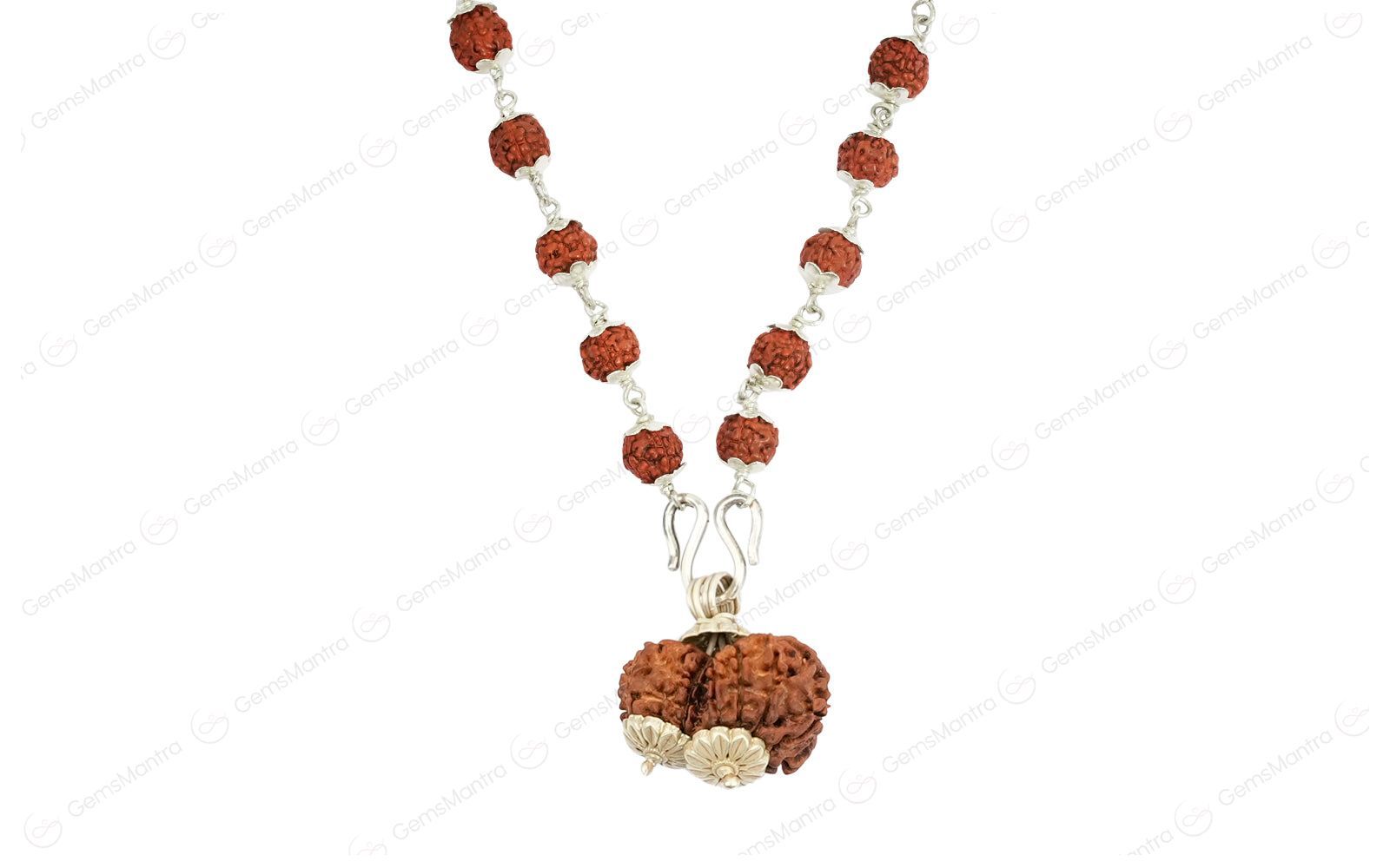 5 Mukhi Silver Rudraksha Mala - with Natural Gauri-Shankar Rudraksha Pendant