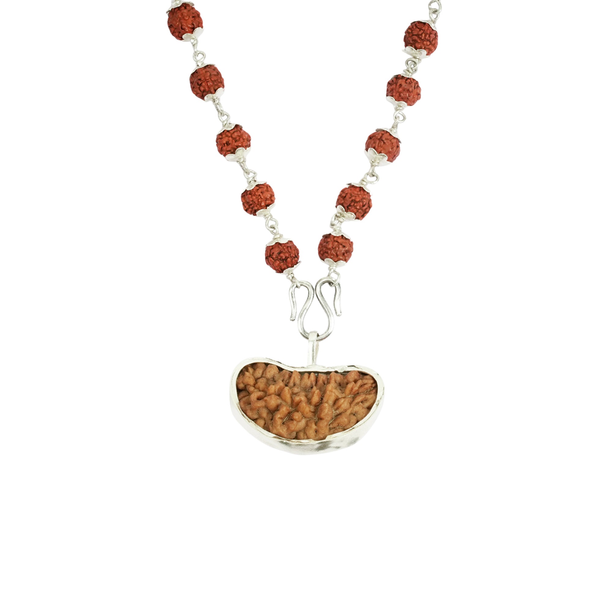 5 Mukhi Silver Rudraksha Mala - with Natural 1 Mukhi Rudraksha Pendant