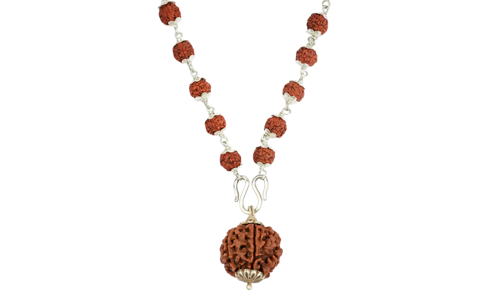 5 Mukhi Silver Rudraksha Mala - with Natural 6 Mukhi Rudraksha Pendant