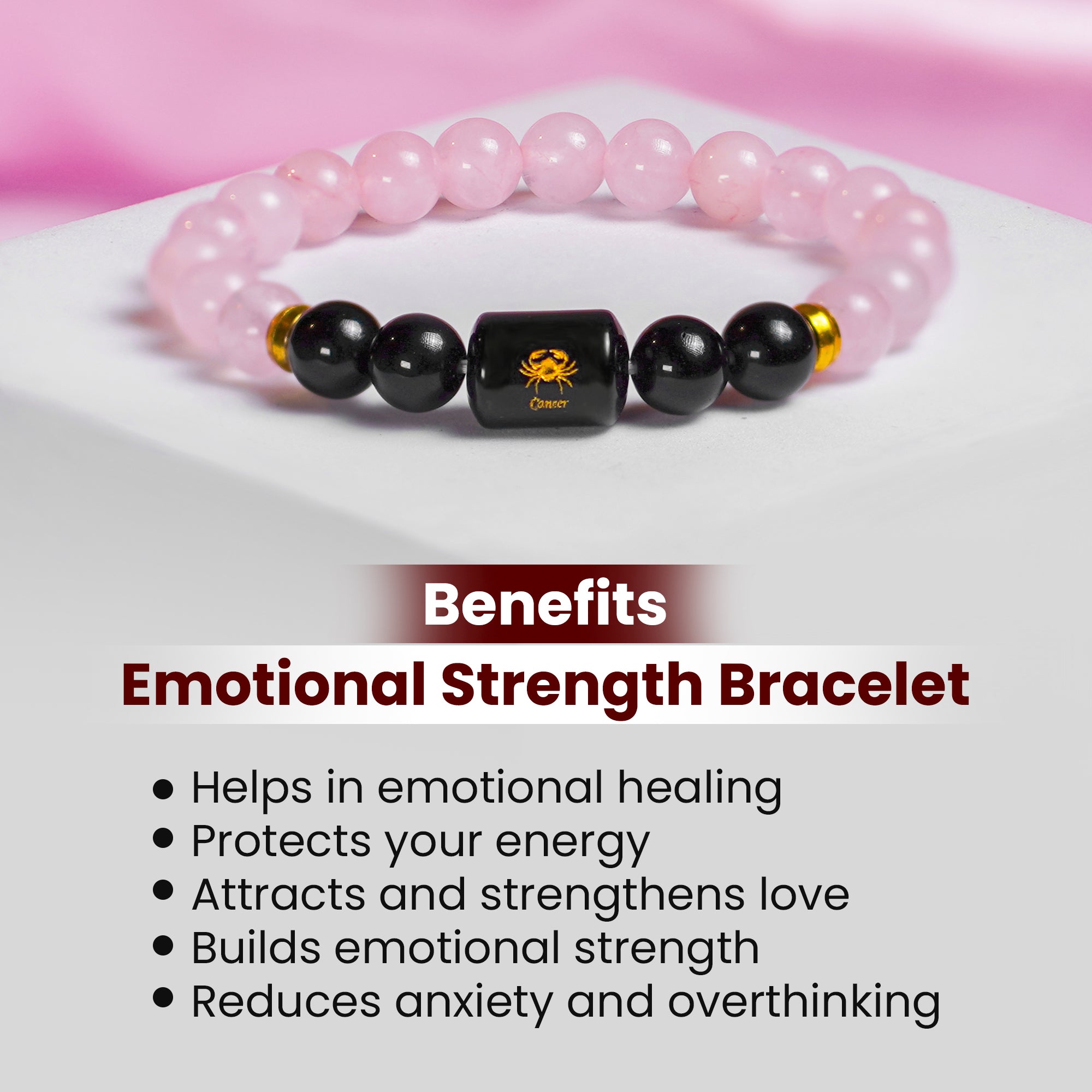 Cancer (कर्क राशि) Bracelet – Rose Quartz & Black Tourmaline