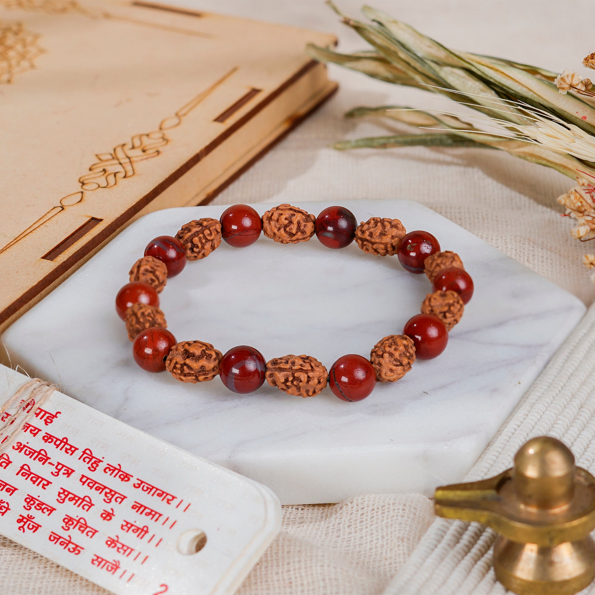 Aries (मेष राशि) Bracelet – Red Jasper & 3 Mukhi Rudraksha