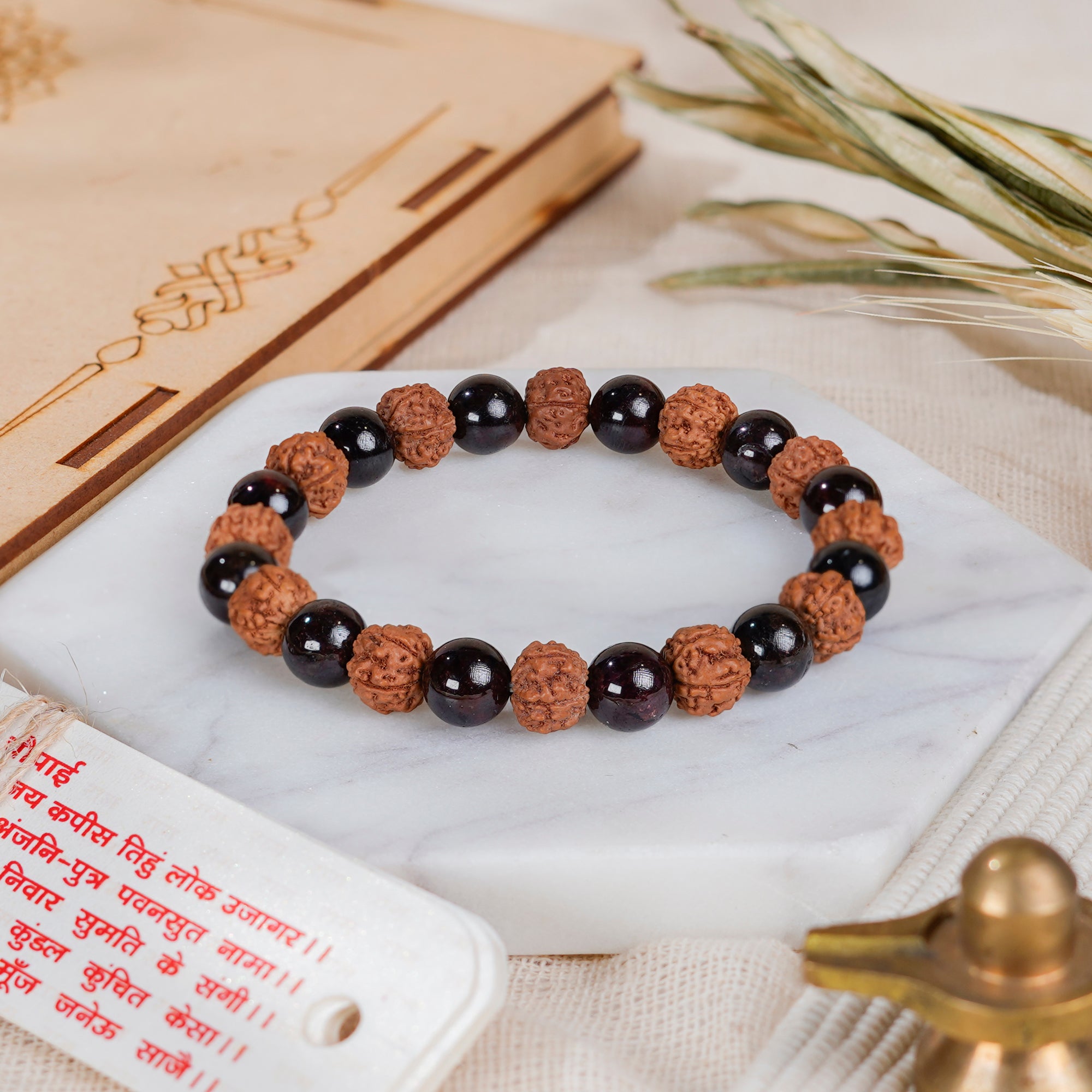 Sagittarius (धनु राशि) Bracelet – Red Garnet & 5 Mukhi Rudraksha