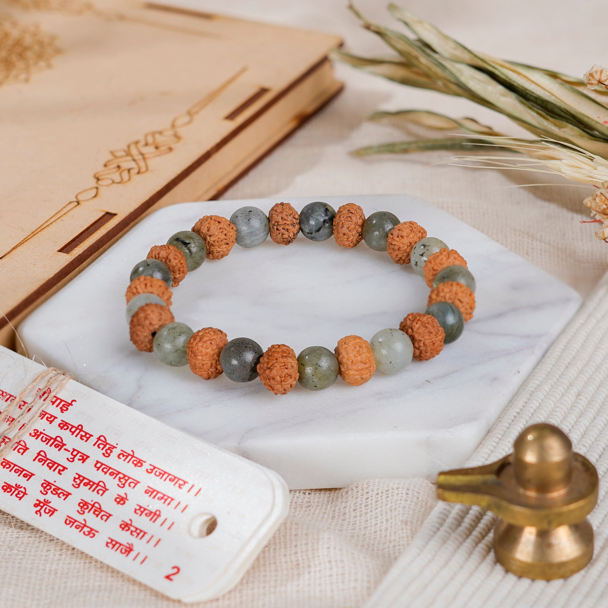 Aquarius (कुंभ राशि) Bracelet – Labradorite & 8 Mukhi Rudraksha