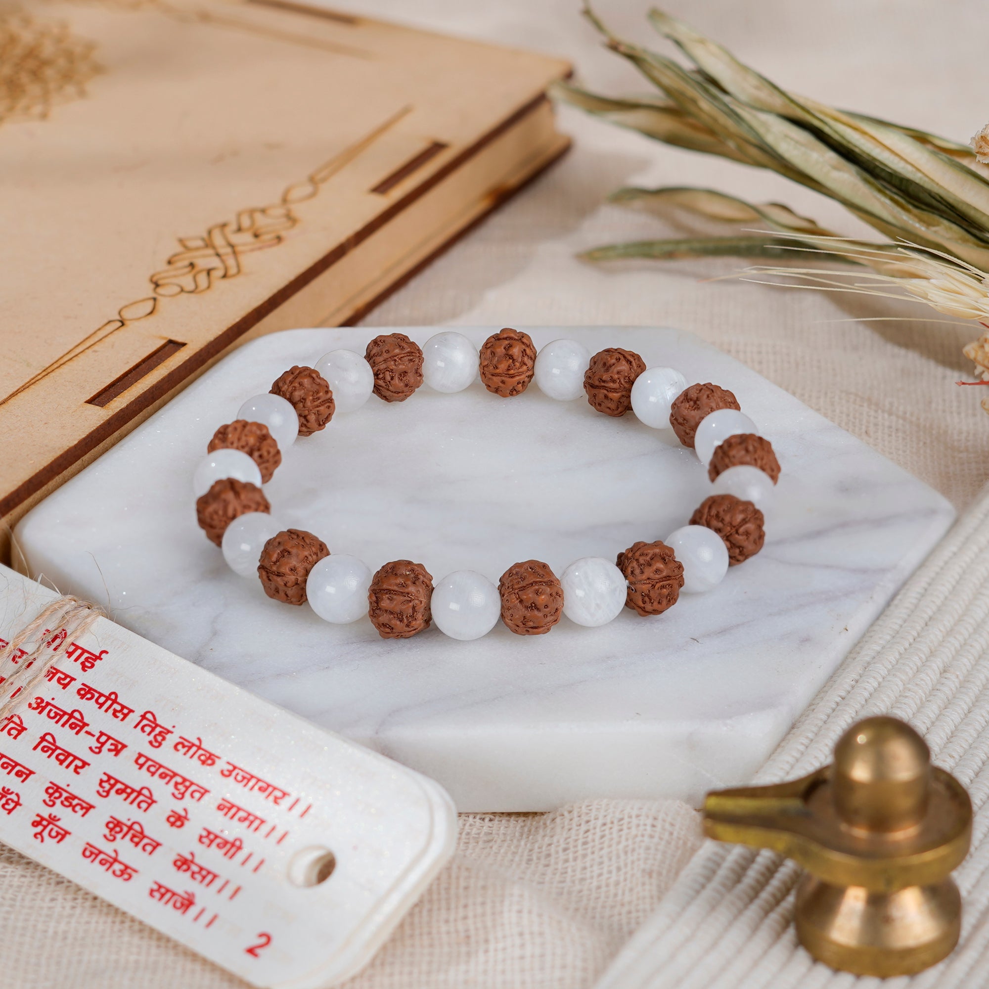 Pisces (मीन राशि) Bracelet – Moonstone & 5 Mukhi Rudraksha