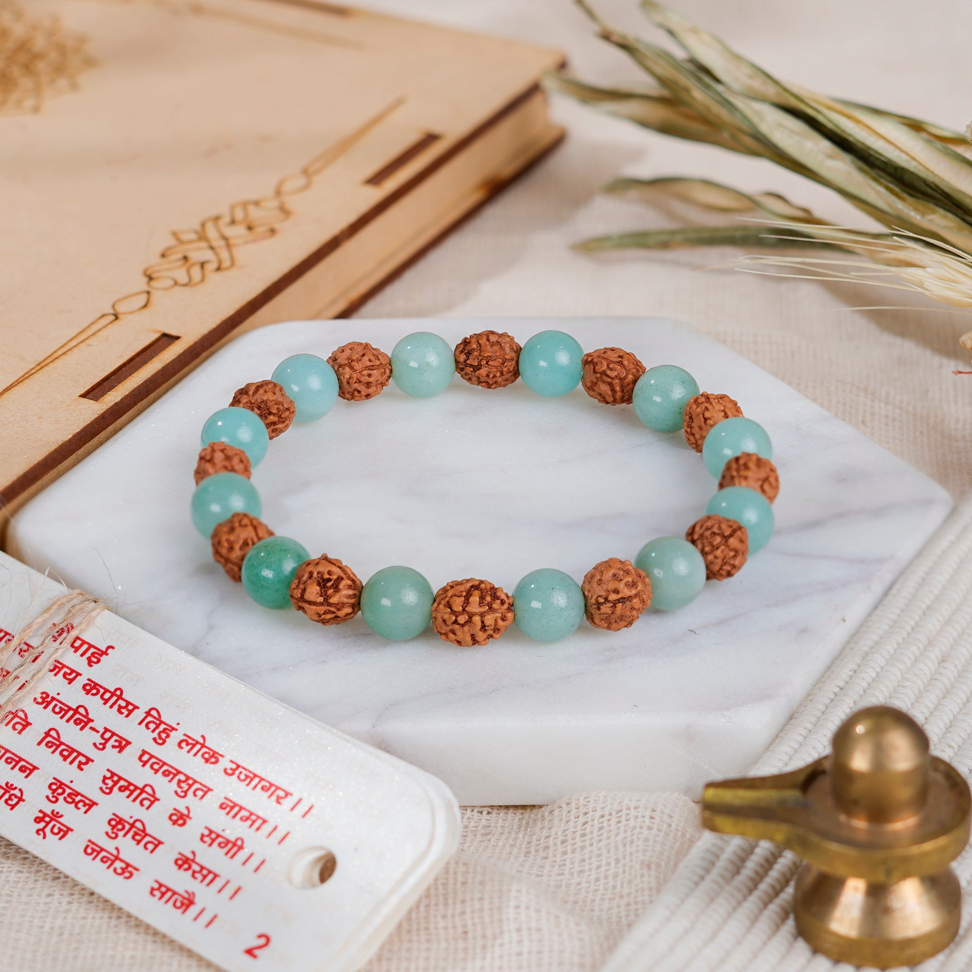 Virgo (कन्या राशि) Bracelet – Amazonite & 4 Mukhi Rudraksha