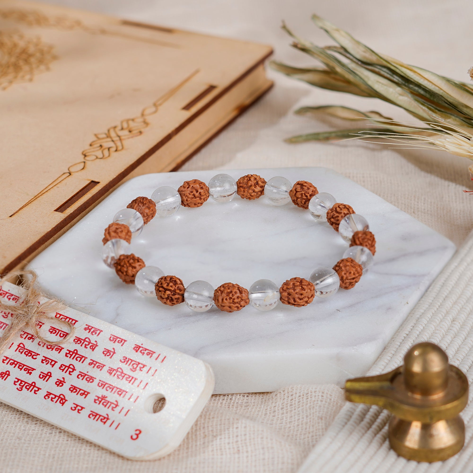 Gemini (मिथुन राशि) Bracelet – Clear Quartz & 4 Mukhi Rudraksha