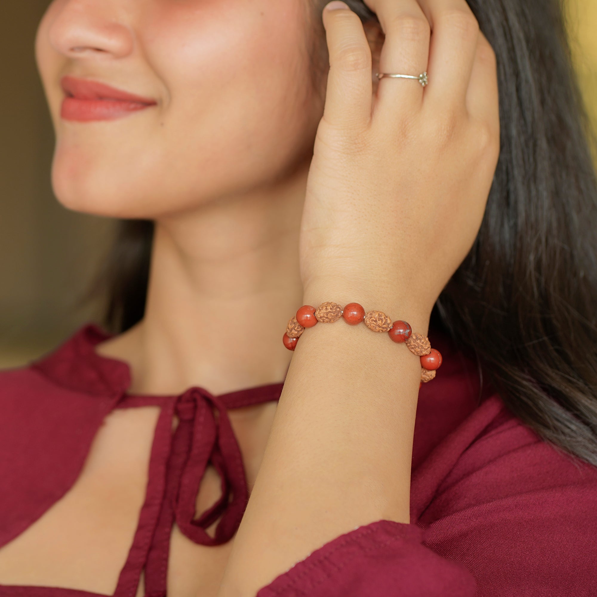 Aries (मेष राशि) Bracelet – Red Jasper & 3 Mukhi Rudraksha