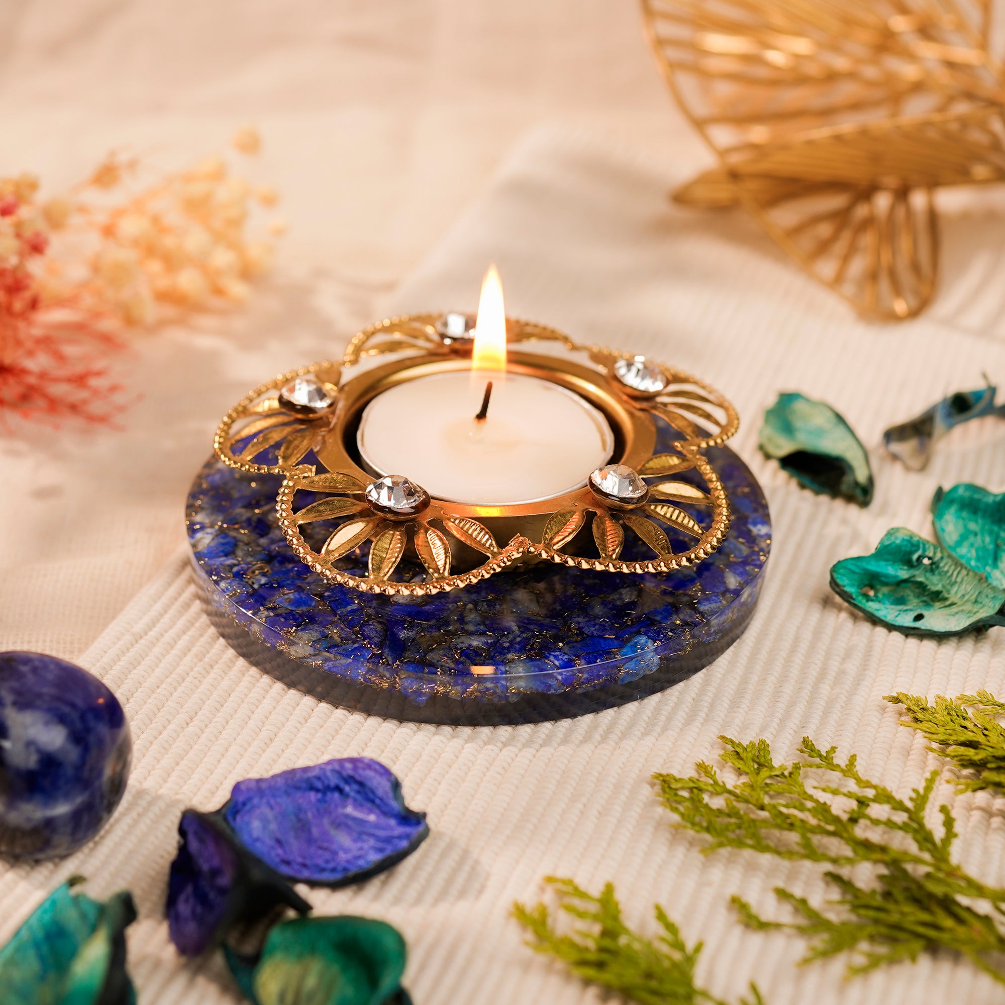 Blue Crystal Floral Tea Light Candle Holder