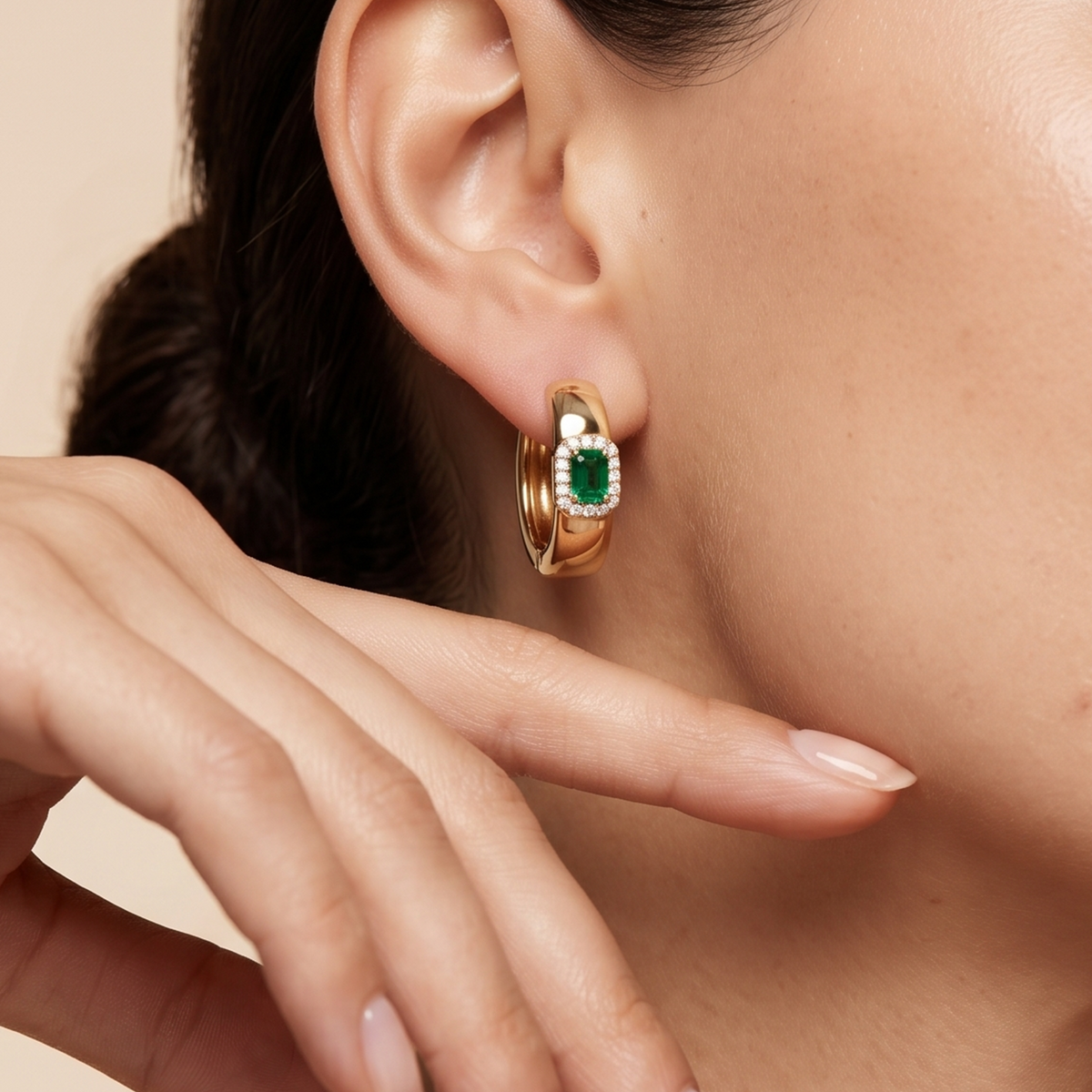 Emerald Accent Huggie Hoops
