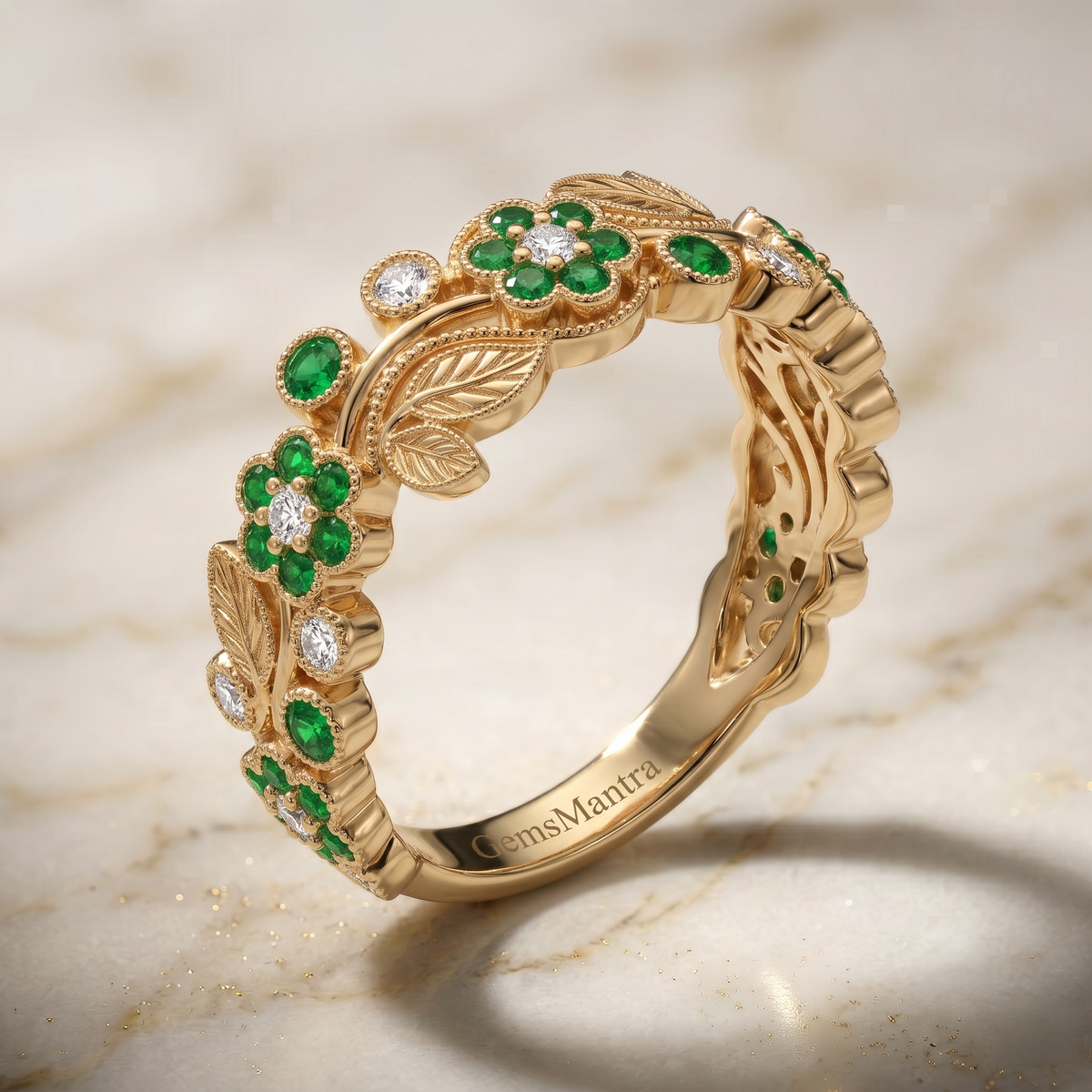 Emerald Blossom Band in Gold Finish