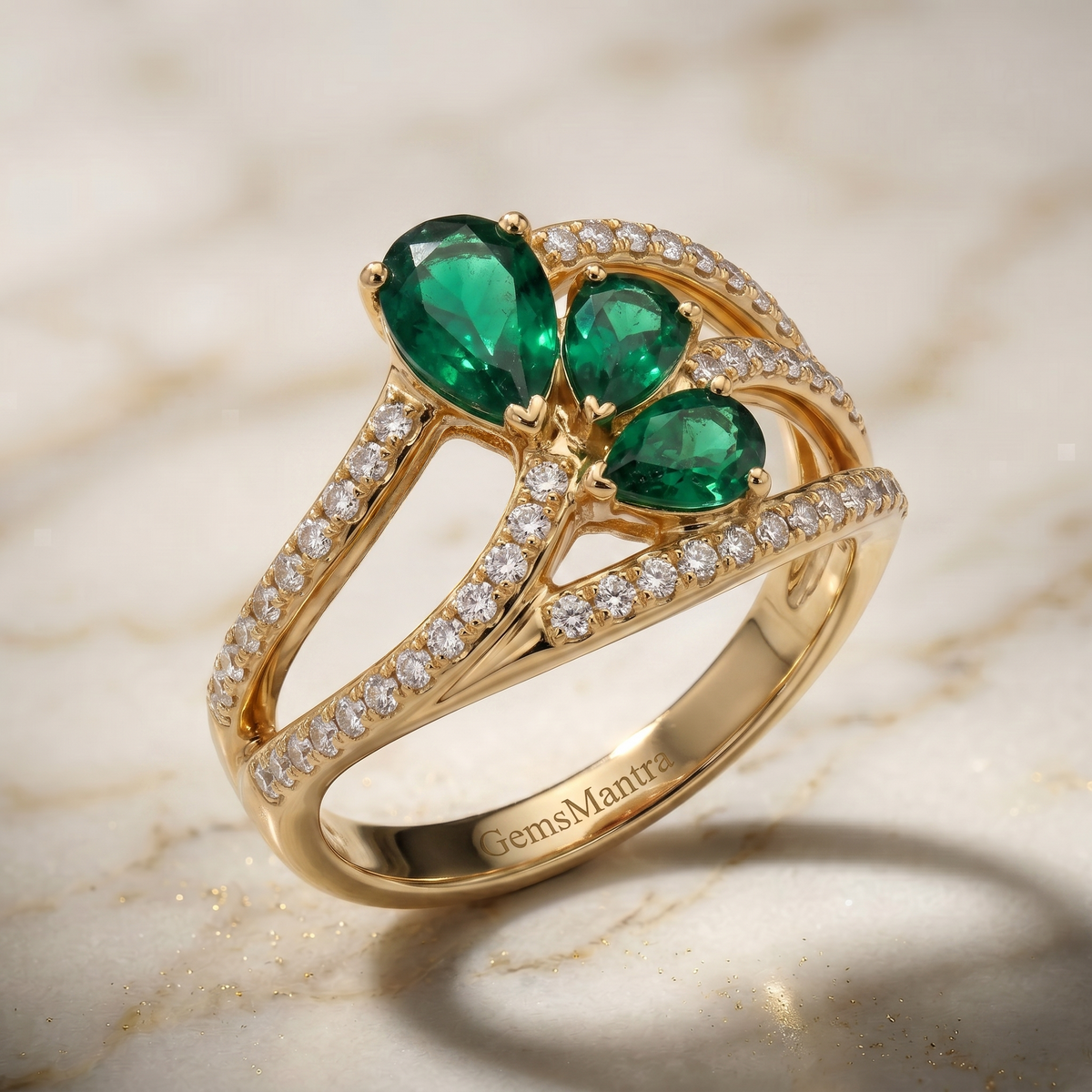 Emerald Bloom Crossover Ring in Gold Finish