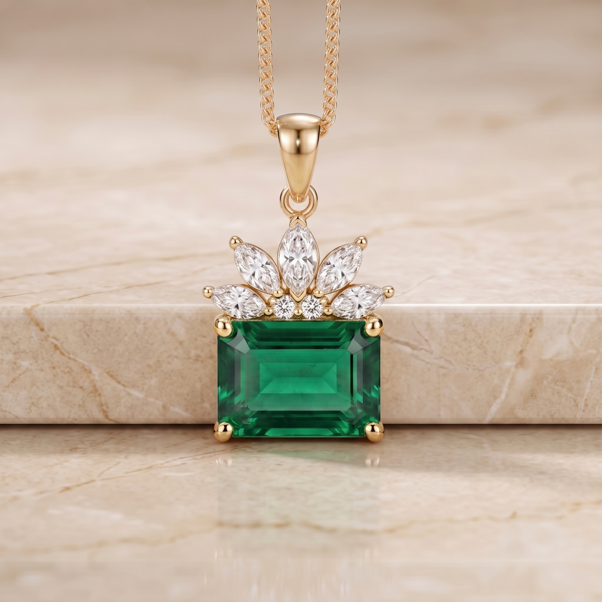 Emerald Cut Crown Halo Pendant