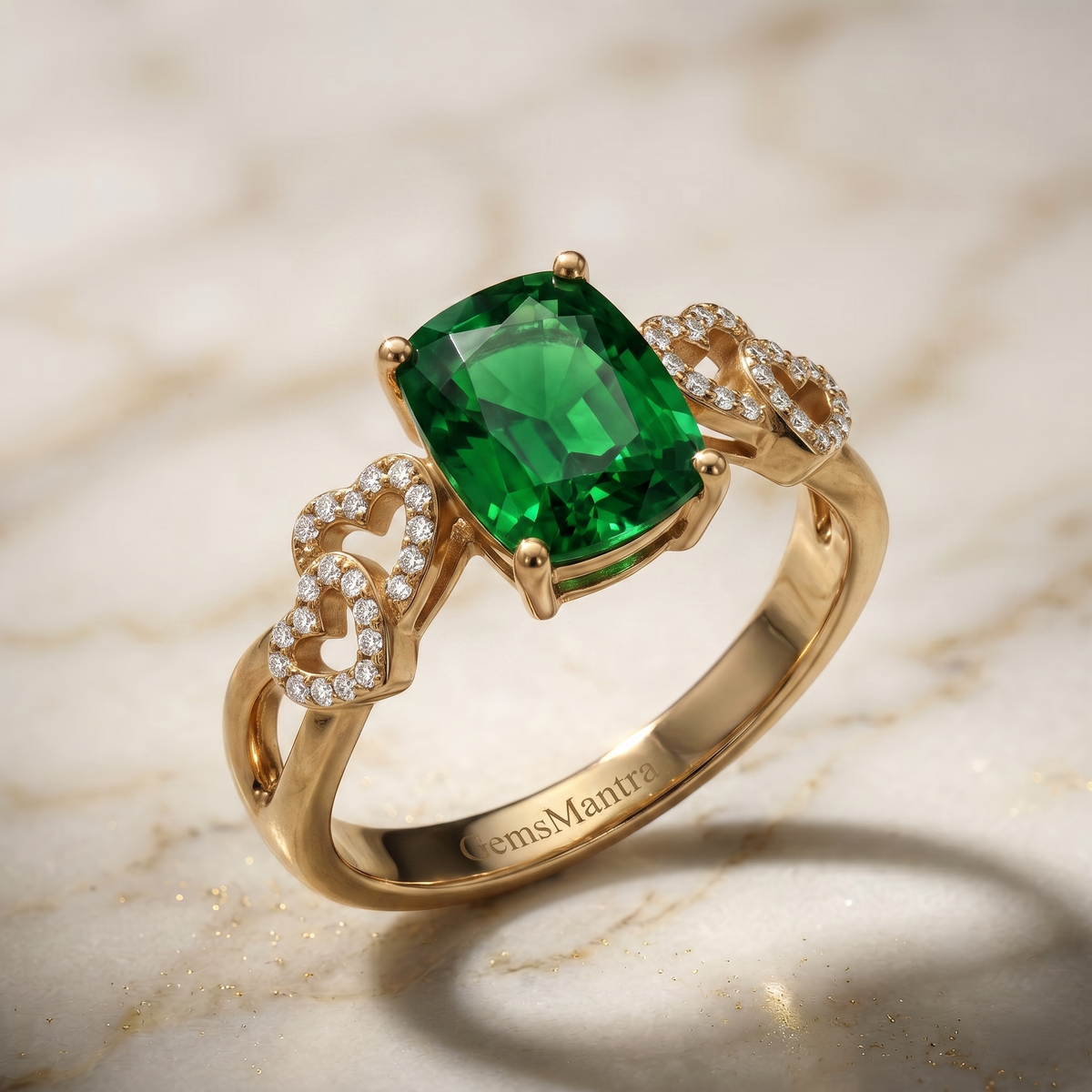 Emerald Elegance Cushion-Cut Ring in Gold Finish