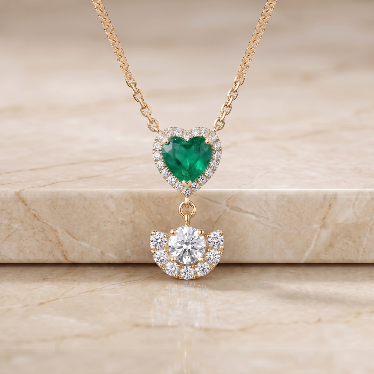 Emerald Heart Halo Crescent Pendant