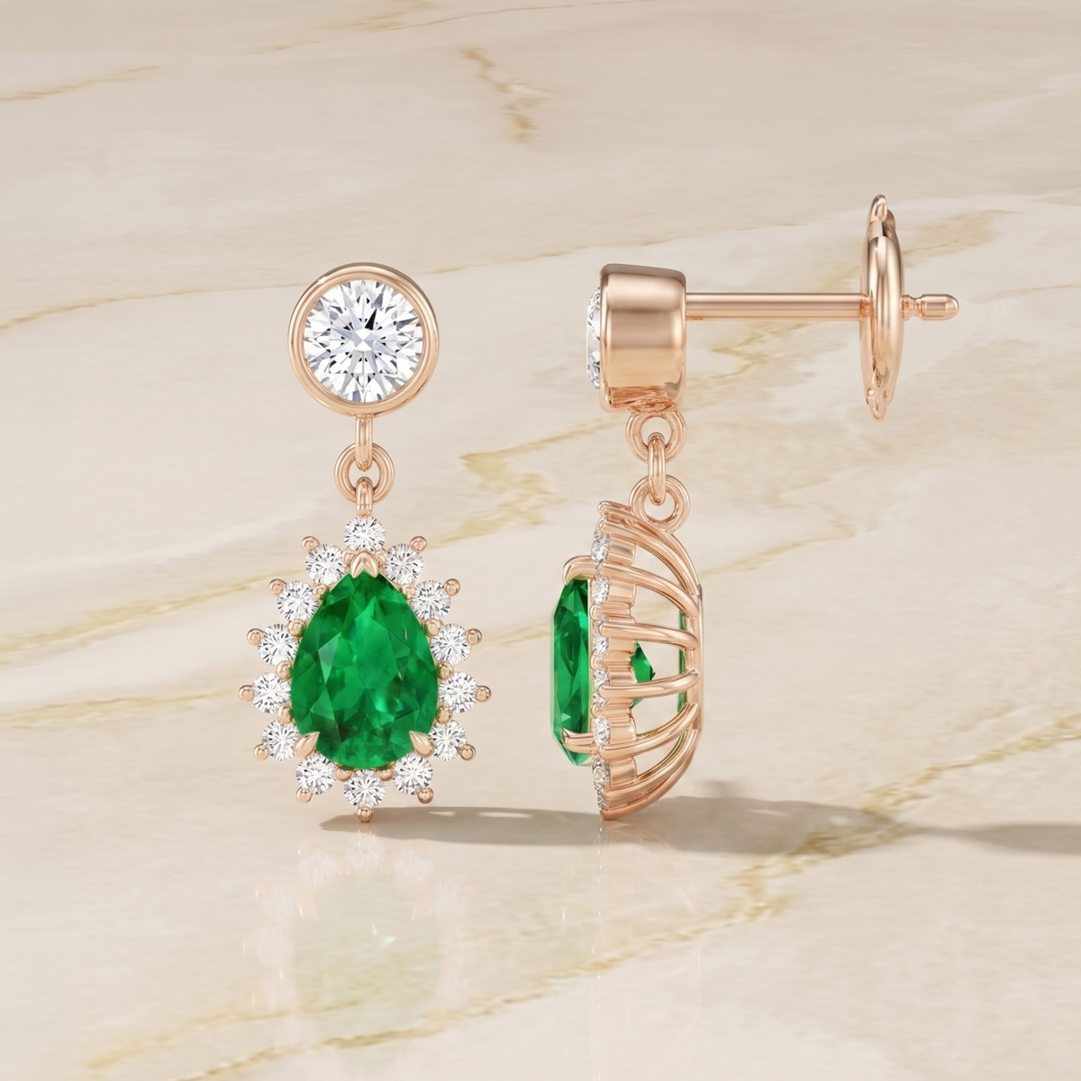 Emerald Oval Halo Drop Earrings